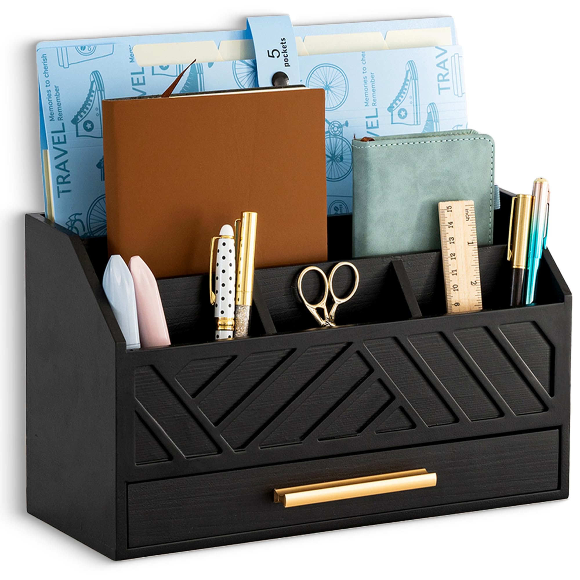 Modern Black Wood Desk Organizer with Drawer - Office Supplies Mail & Bill Organizer, File Holder - Stylish Workspace Accessories for Home Office, Study Desk & Professional Workspaces