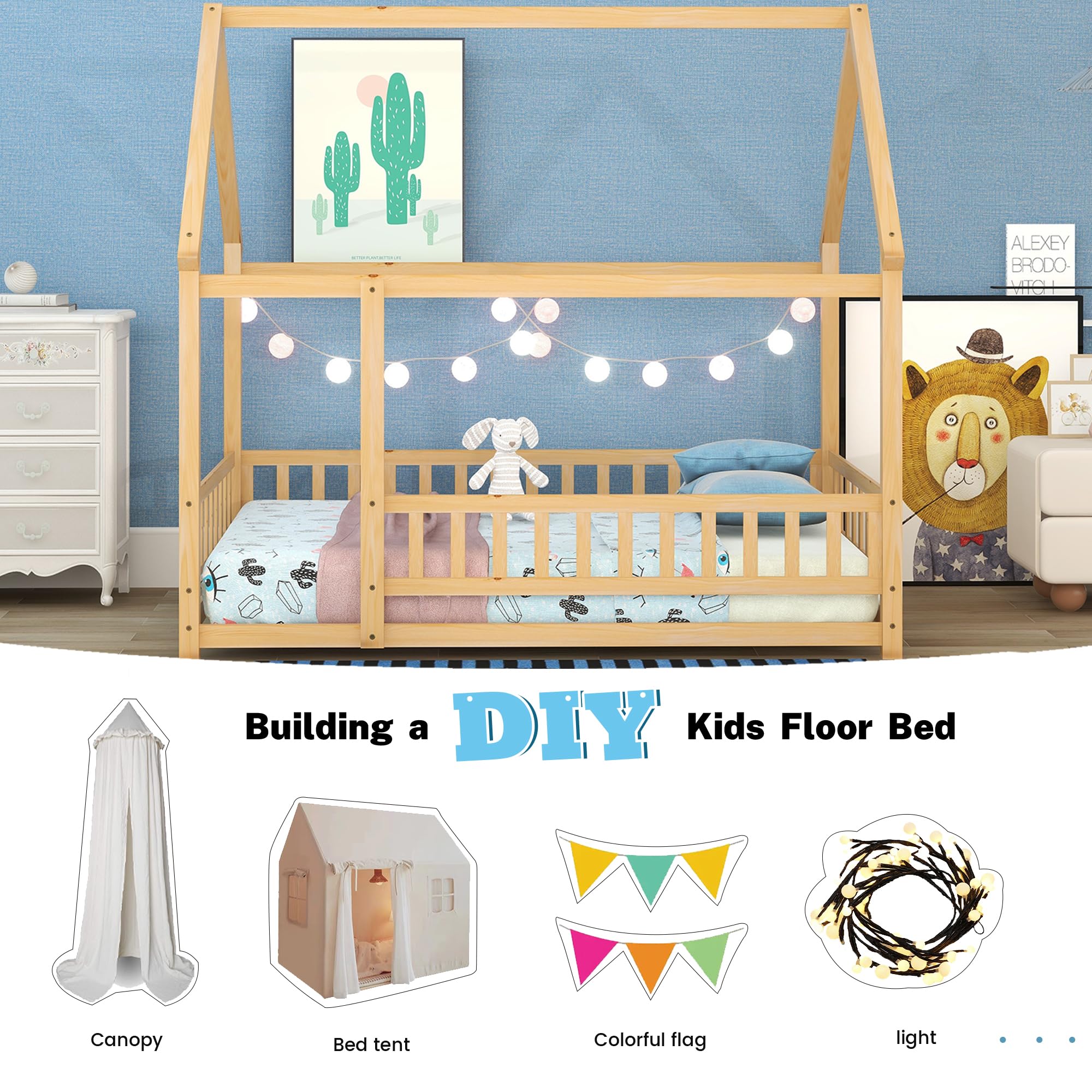 Bellemave Full Size House Bed for Kids - Solid Wood Montessori Floor Bed with Safety Fence & Playhouse Roof - Natural Wood Toddler Bed Frame for Girls & Boys - Perfect for Bedrooms, Playrooms & Montessori Learning Spaces