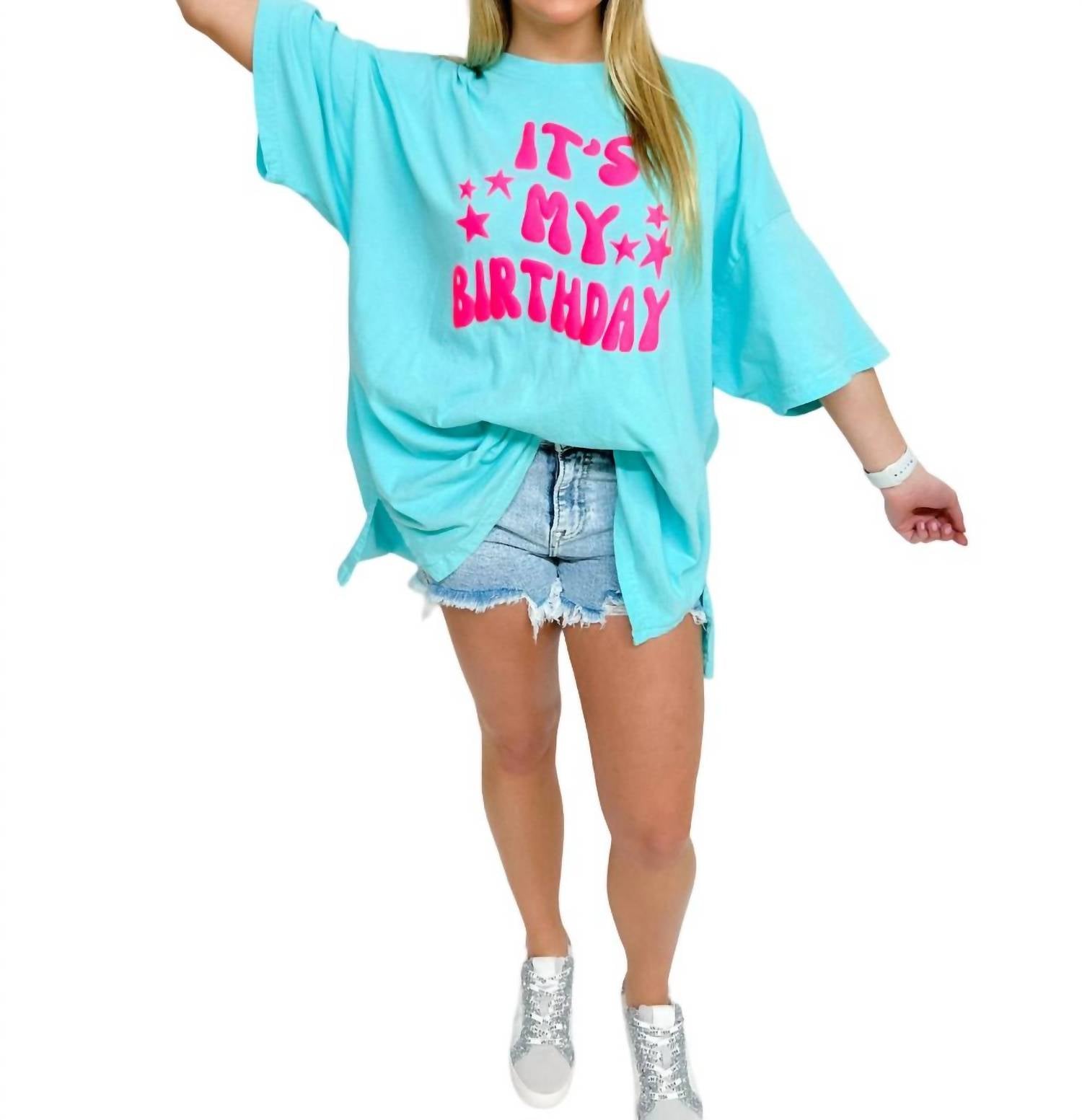 My Birthday Puff Sleeve Tee - Mint Green Cotton Blouse for Women | Perfect for Birthday Parties & Casual Outings