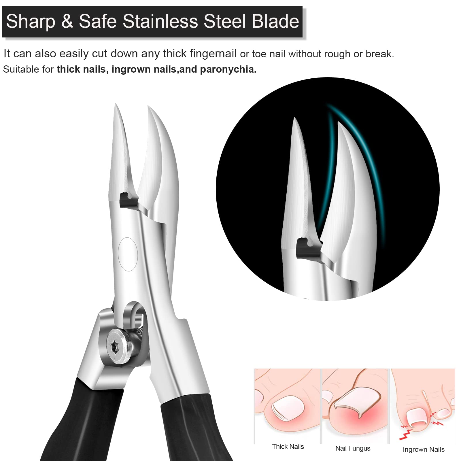 Professional Heavy Duty Toenail Nipper Clippers for Thick & Ingrown Toenails - Stainless Steel Sharp Blades with Long Handle & Lock - Ideal for Seniors, Podiatry & Pedicure Care (Black)