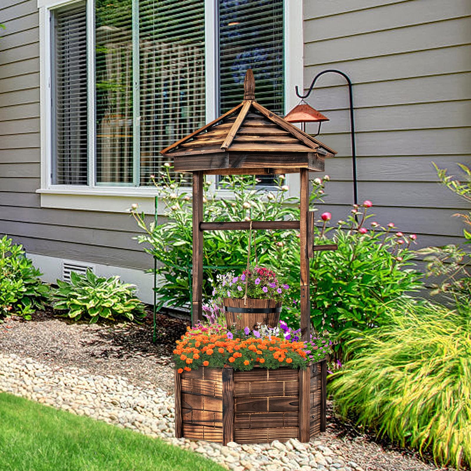 Giantex Rustic Wooden Wishing Well Planter with Hanging Bucket & Roof - Outdoor Garden Decor for Backyard, Patio, Lawn - Perfect for Flowers, Plants, and Countryside Landscaping