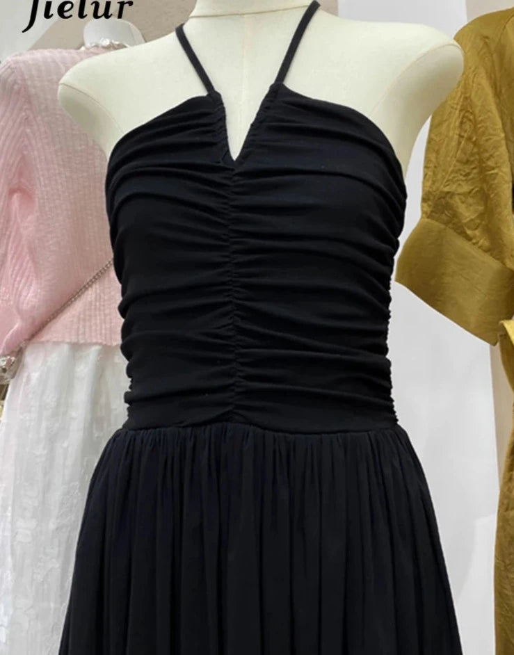Black Pleated V-Neck Slim Halter Women's Dress - Sleeveless Backless Solid Color Sexy Party Club Dress for Summer Nights & Beach Vacations