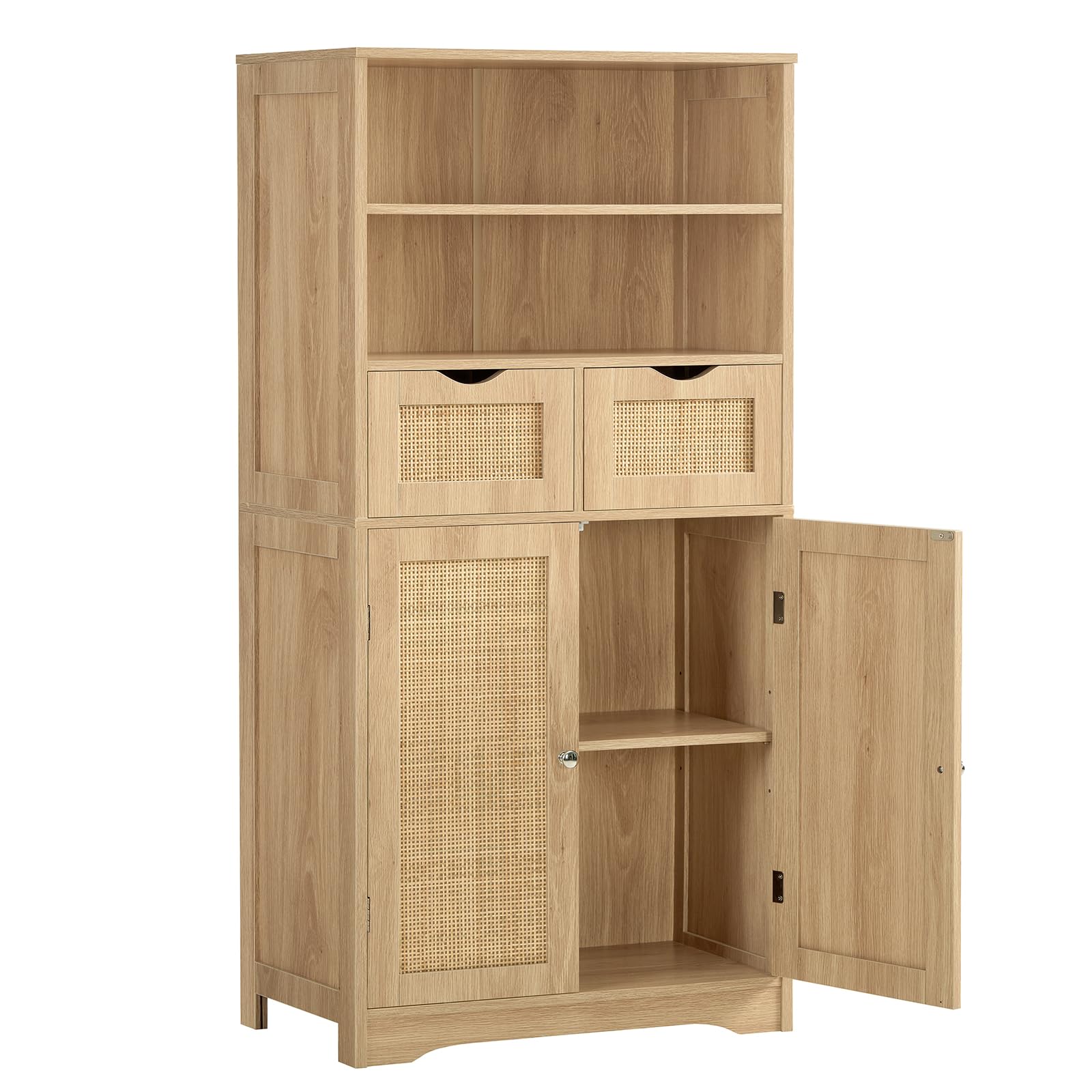 Iwell Tall Rattan Storage Cabinet with 2 Drawers & Adjustable Shelf - Kitchen Pantry Organizer, Entryway Storage for Living Room, Dining Room & Home Office - Natural Finish for Farmhouse & Modern Decor