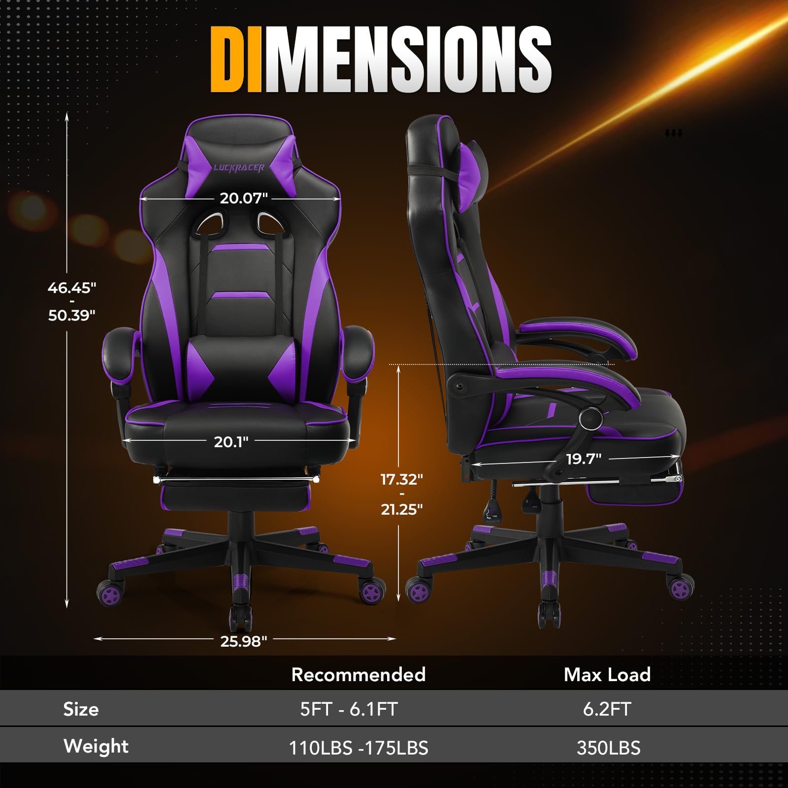 Premium Gaming Chair with Footrest - 350Lb Heavy Duty Ergonomic Computer Chair for Adults, High Back Swivel Office Chair with Lumbar Support & Recliner (Purple) - Perfect for Esports, Streaming & Home Office Setup