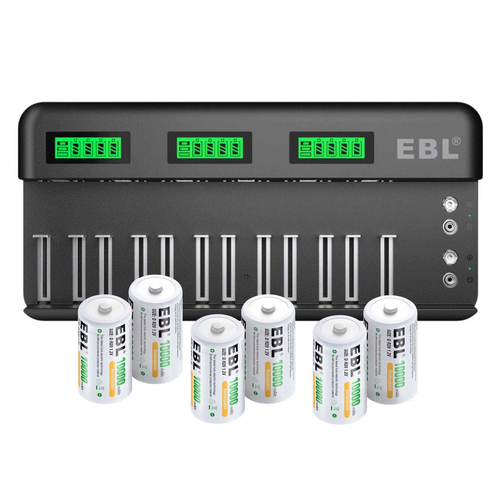 EBL 12+2 Bay Universal Battery Charger with 1.2V C D NiMH Rechargeable Batteries - Fast Charging for Toys, Flashlights, Cameras & More