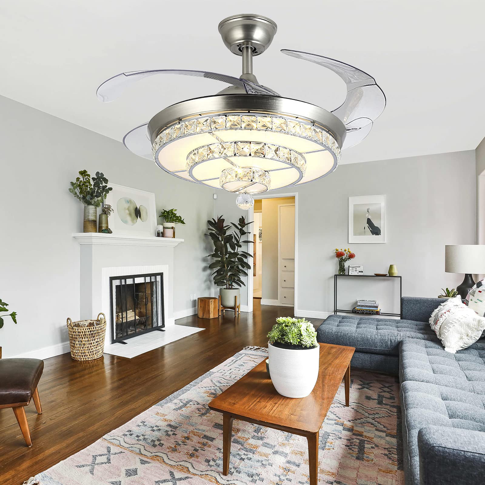 42 Inch Modern Crystal Ceiling Fan with Remote Control - Retractable Crystal Chandelier Fan with Dimmable LED Lights - Perfect for Dining Room, Living Room & Bedroom (Silver) | Energy Efficient Cooling & Elegant Lighting Solution