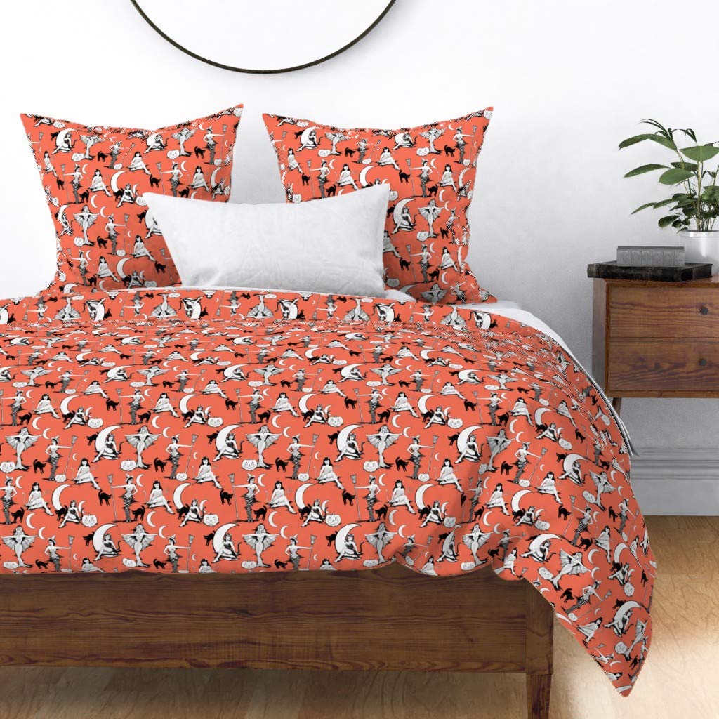 Vintage Halloween Pumpkin Orange Black Retro Vampire Witch Cat Print Cotton Sateen Duvet Cover - Full/Queen Size Custom Bedding for Spooky Home Decor | Perfect for Halloween Party, Gothic Bedroom & Themed Guest Room