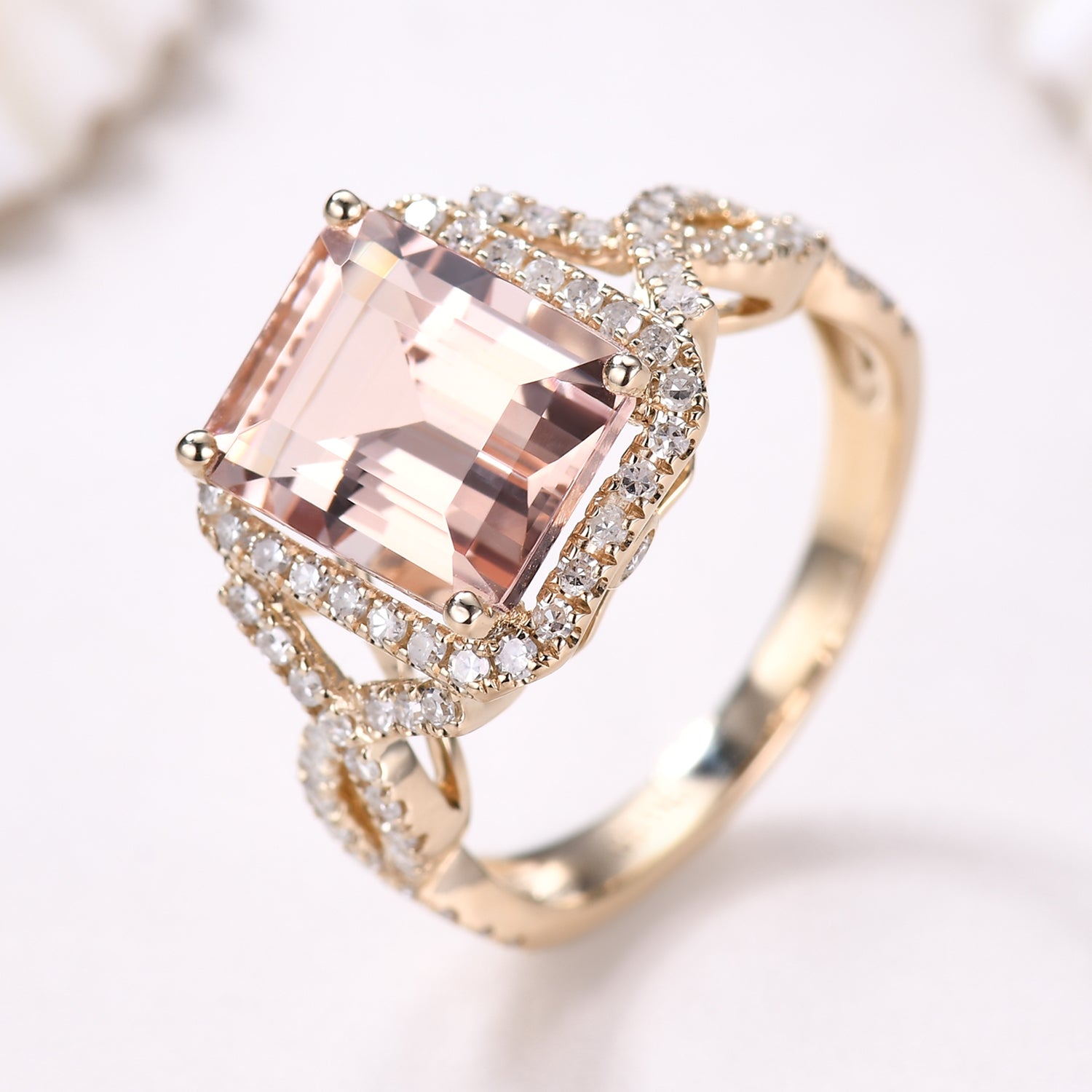 Vintage Emerald Cut Morganite Engagement Ring with Halo Diamond Split Shank Band - Elegant Wedding Jewelry for Brides, Anniversary Gifts & Proposal Scenes