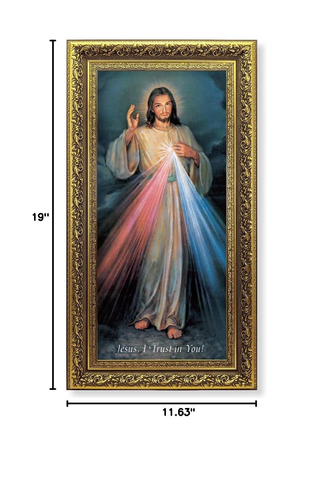 Divine Mercy Framed Wall Art - Large Antique Gold Leaf Acanthus Design Religious Picture - Perfect for Home, Church & Office Decor