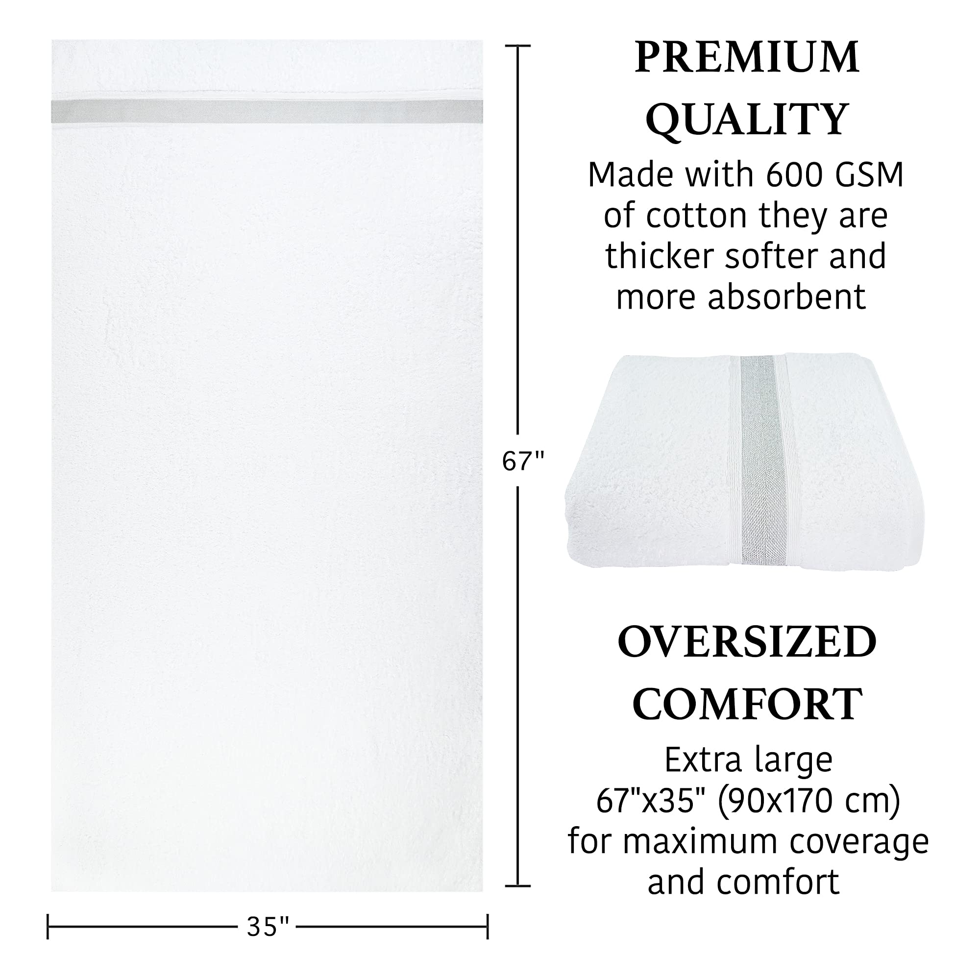 Hotel-Quality 2-Pack Large Bath Towels 35x67 Inches - Ultra Absorbent 100% Natural Cotton Bath Sheets for Spa, Bathroom & Beach - Plush Thick Luxury Towels with Bordered Design