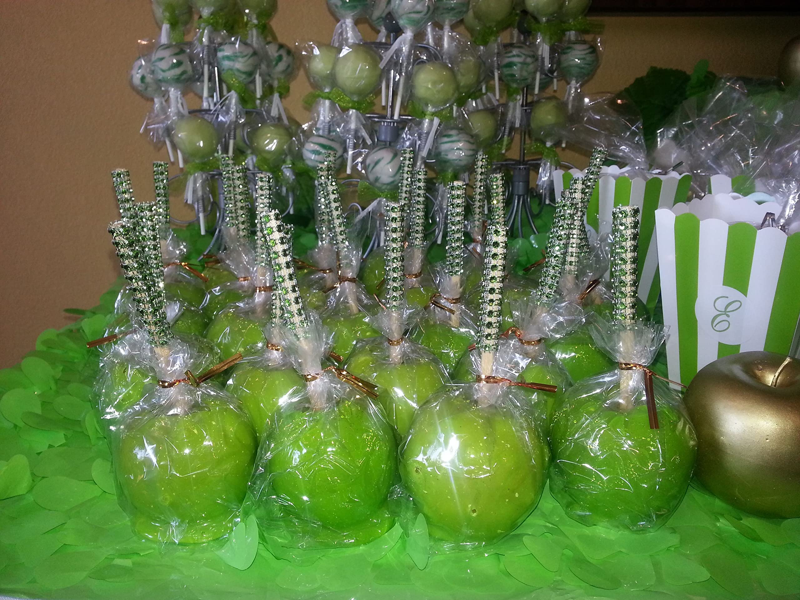 32 PCS Bling Candy Apple Bamboo Sticks with Rhinestones - Caramel Apple Wooden Skewers for Fruit Treats, Dessert Table Decor - Perfect for Tea Party, Birthday, Wedding & Christmas (Green)