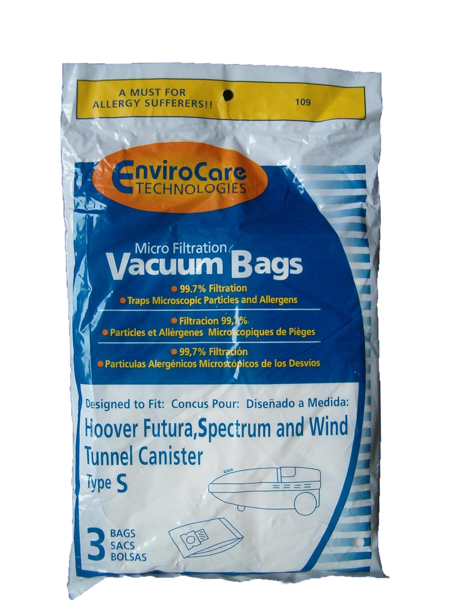 EnviroCare Replacement Vacuum Cleaner Dust Bags - 3 Pack Micro Filtration Bags Compatible with Hoover Windtunnel Type S, Futura, Spectrum & Power Max Canister Vacuums | Perfect for Pet Hair, Allergies & Deep Cleaning