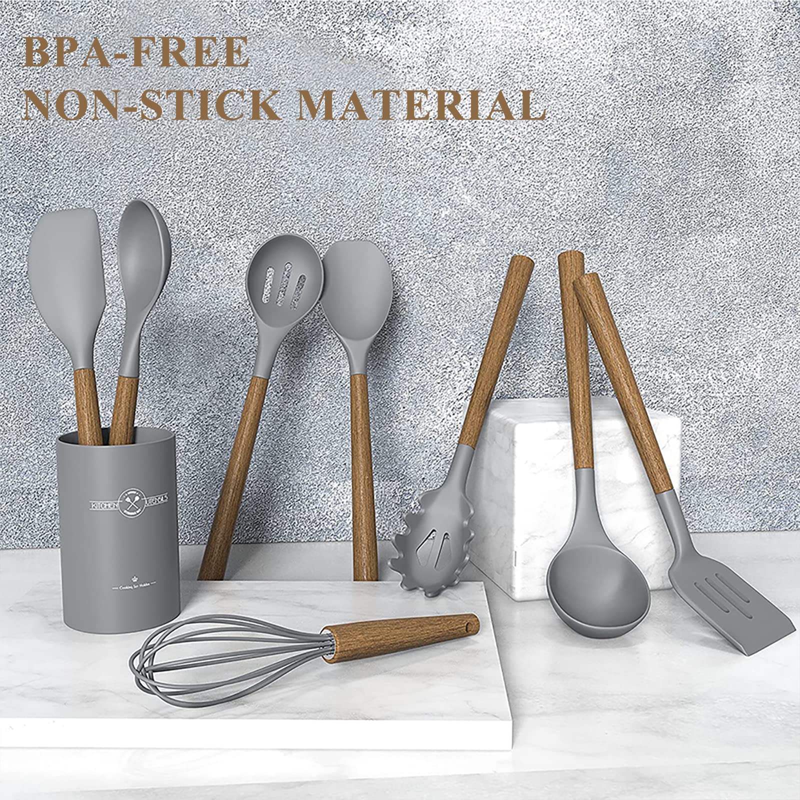 9Pcs Silicone Kitchen Utensil Set with Wooden Handle - Heat Resistant for Nonstick Cookware - Perfect for Baking & Cooking