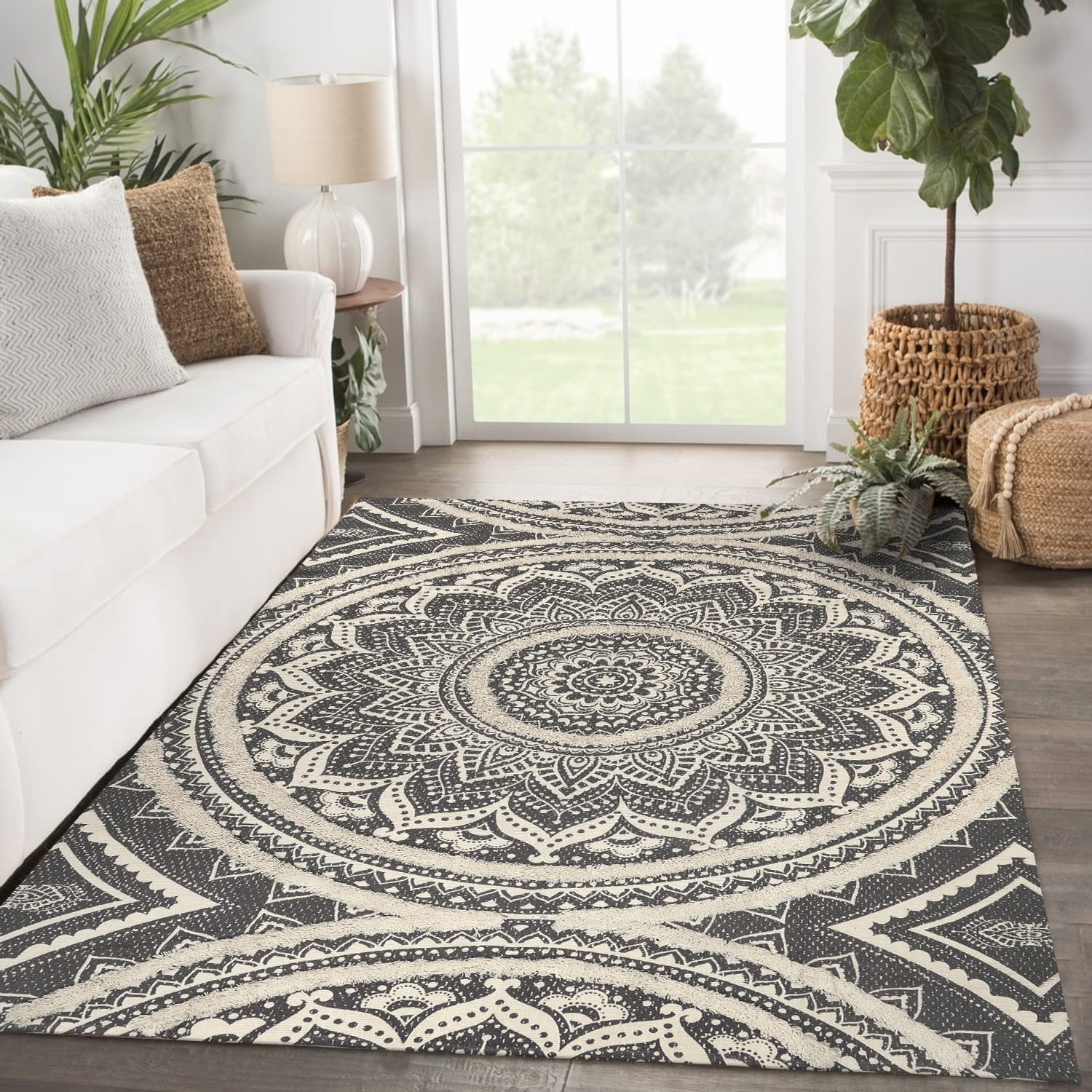 Seavish Boho Area Rug 5x7 Feet - Hand Tufted Cotton Living Room Rug with Grey Mandala Design, Farmhouse Decor Washable Rug - Non-Slip Floor Mat for Bedroom, Dining Room, Kitchen, Patio & Laundry | Perfect for Bohemian, Vintage & Modern Home Decor
