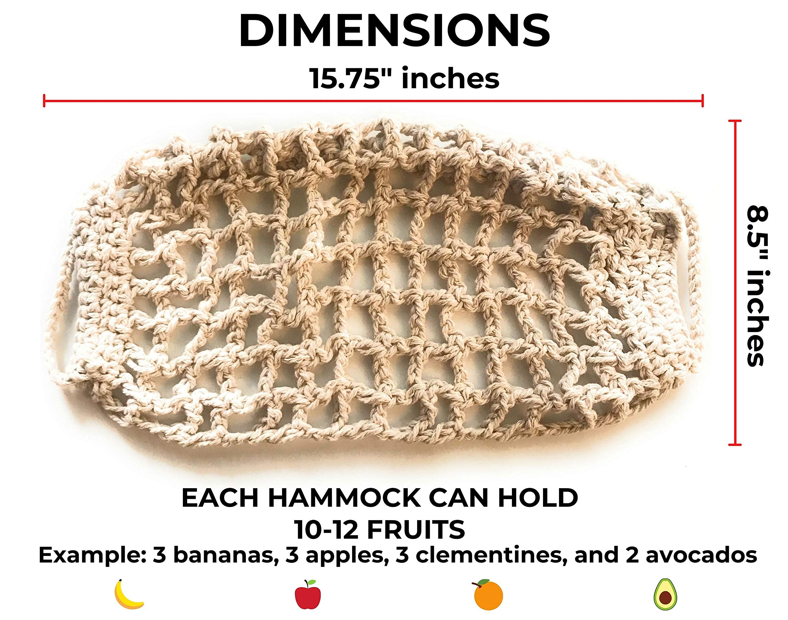 3 Pack Hanging Fruit Hammock - 3 Handwoven Cotton Vegetable & Banana Storage Baskets with 6 Hooks - Space Saving Kitchen Organizer for Counter, Cabinet, RV or Boat - Perfect for Storing Fruits, Vegetables & Kitchen Essentials