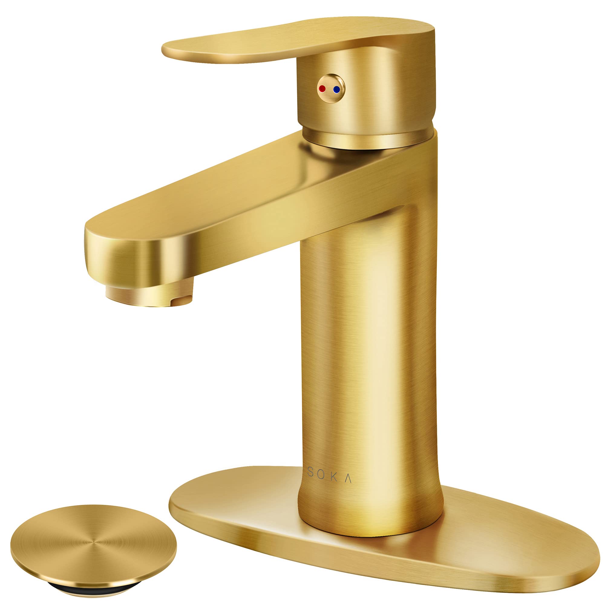 Gold Stainless Steel Bathroom Sink Faucet with Pop-up Drain Stopper & Deck Plate - Single Handle 1 or 3 Hole Installation - Perfect for Modern Bathroom Vanities & Powder Rooms