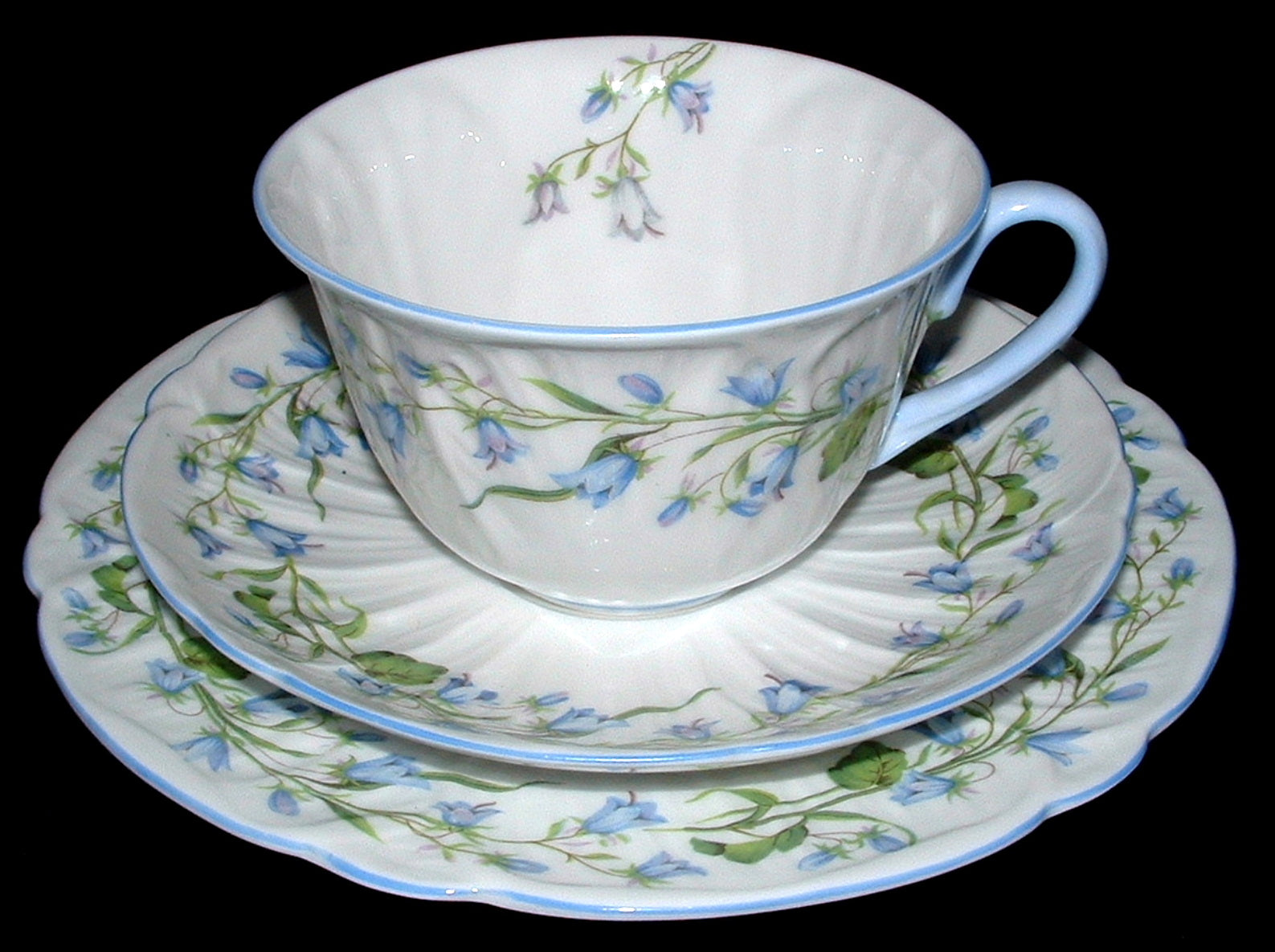 Shelley Breakfast Cup and Saucer Set with Plate - Harebell Low Oleander Shape with Blue Trim - Perfect for Morning Tea, Coffee, and Elegant Breakfast Dining