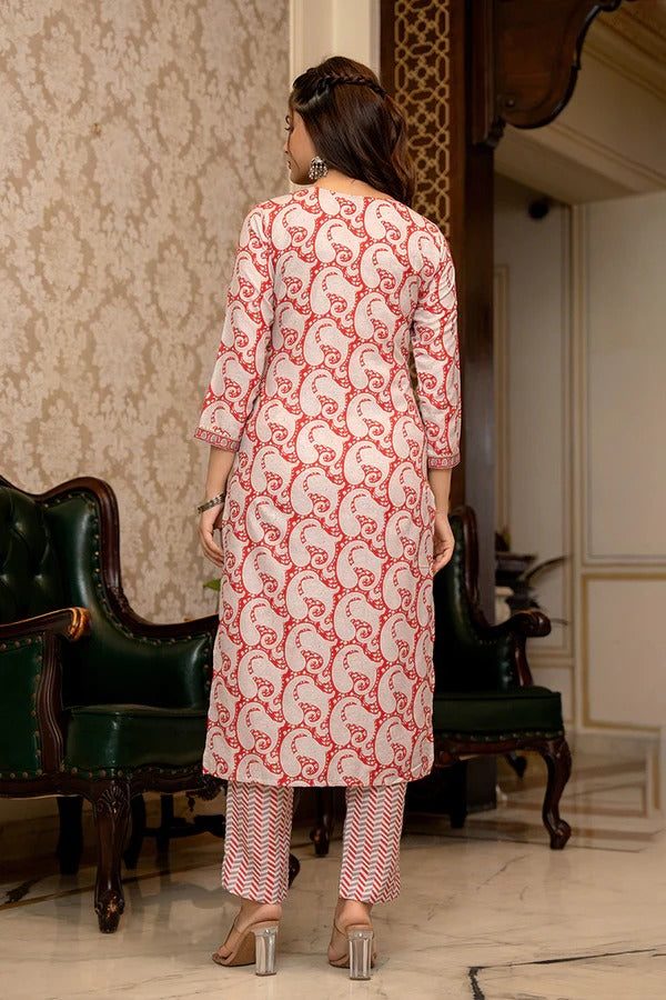 Stylish Red Rayon Blend Paisley Printed Women's Suit Set with Straight Pants - Perfect for Office Wear, Business Meetings & Formal Occasions