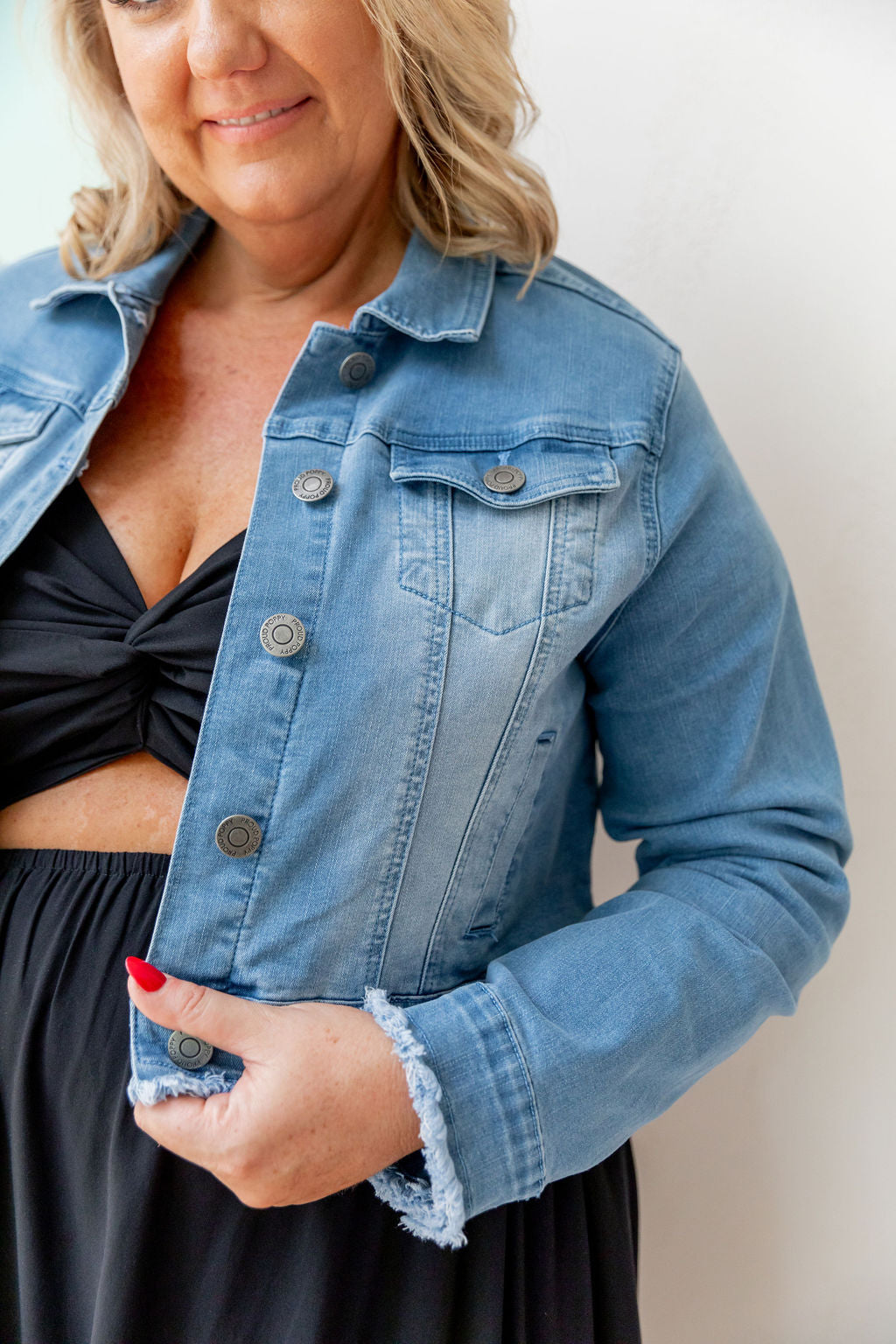 Kenzie Crop Denim Jacket for Women - Stylish Distressed Light Blue Denim Jacket - Perfect for Spring Outfits & Casual Streetwear