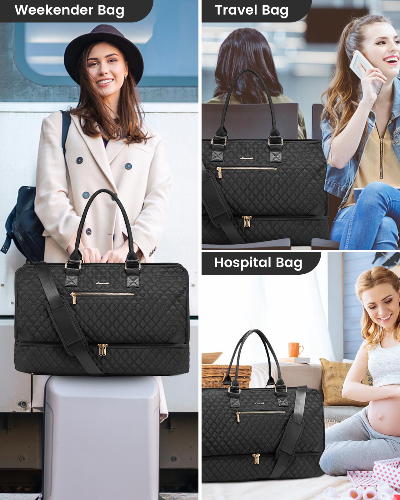 LOVEVOOK Women's Weekender Travel Bag - Large Carry On Duffle with Shoe Compartment & Toiletry Bag - Perfect for Overnight Trips, Hospital Labor Delivery, Gym Workout & Weekend Getaways (3-Piece Set)