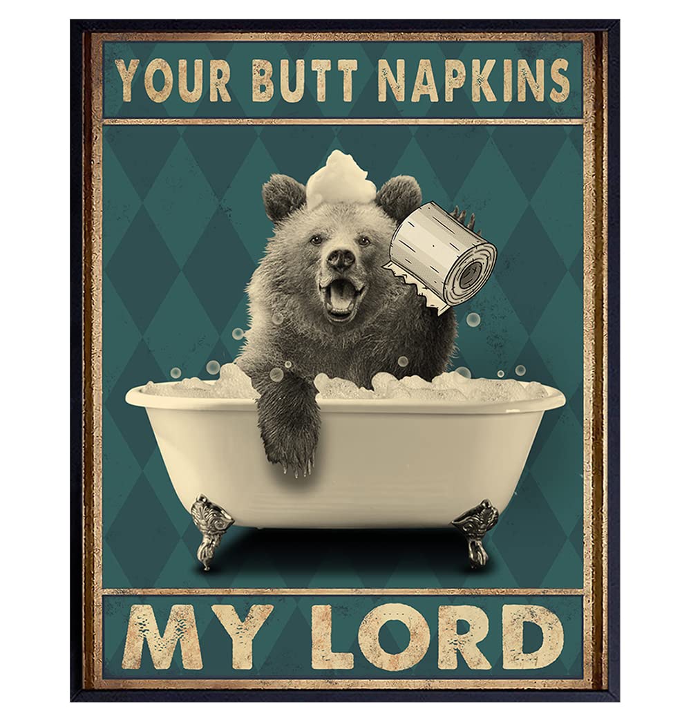 Funny Bear Wall Art - Rustic Country Bathroom Decor for Women & Kids - Cute Bear Pictures & Bathroom Signs - Perfect for Guest Bathrooms & Farmhouse Style Homes