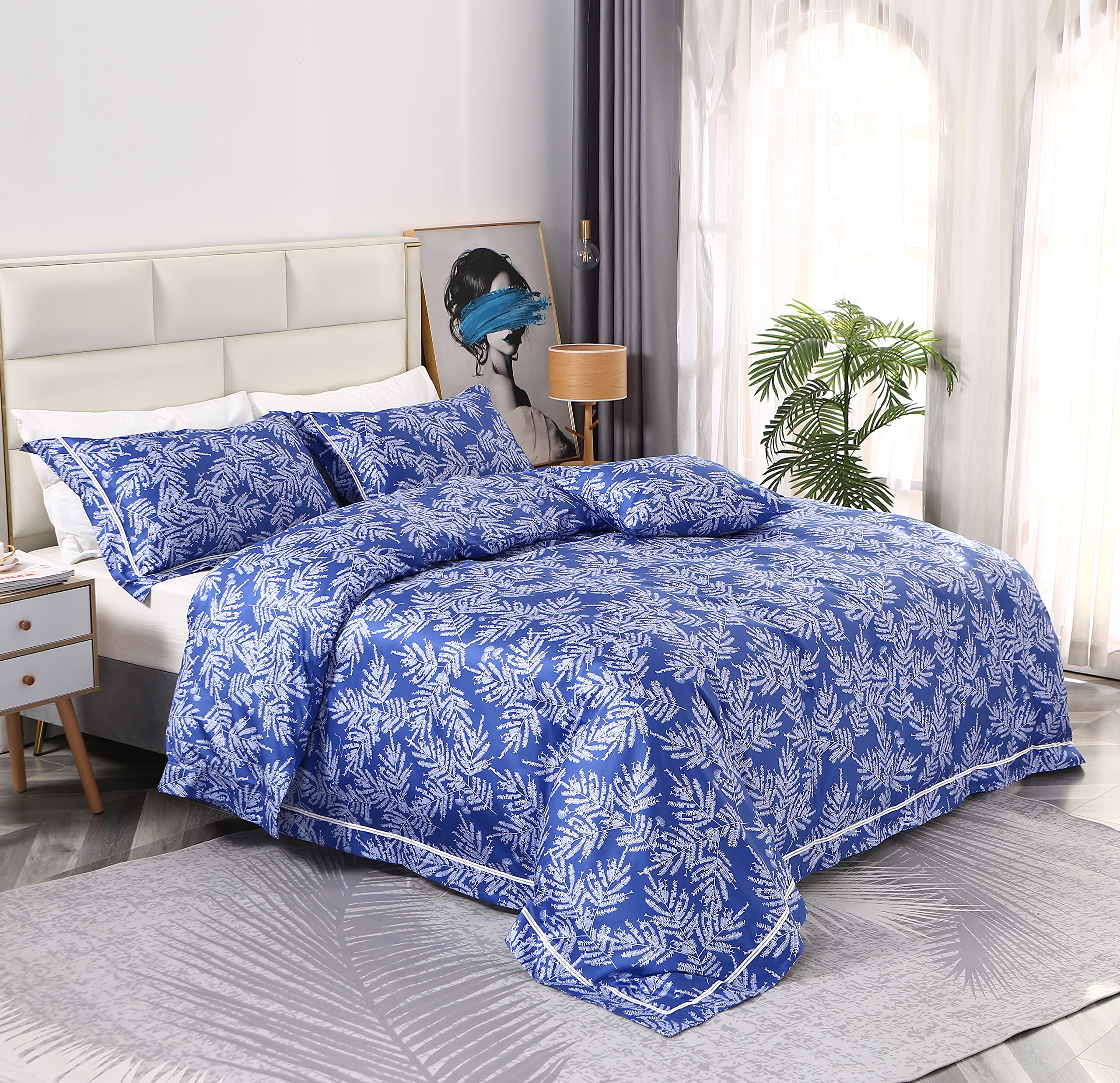 Softta Vintage Blue Full Size 3-Piece Duvet Cover Set - Boho Chic Shabby White Branch Leaf Vein Pattern 100% Egyptian Cotton with Hidden Zipper | Bedroom Decor for Guest Rooms & Master Suites