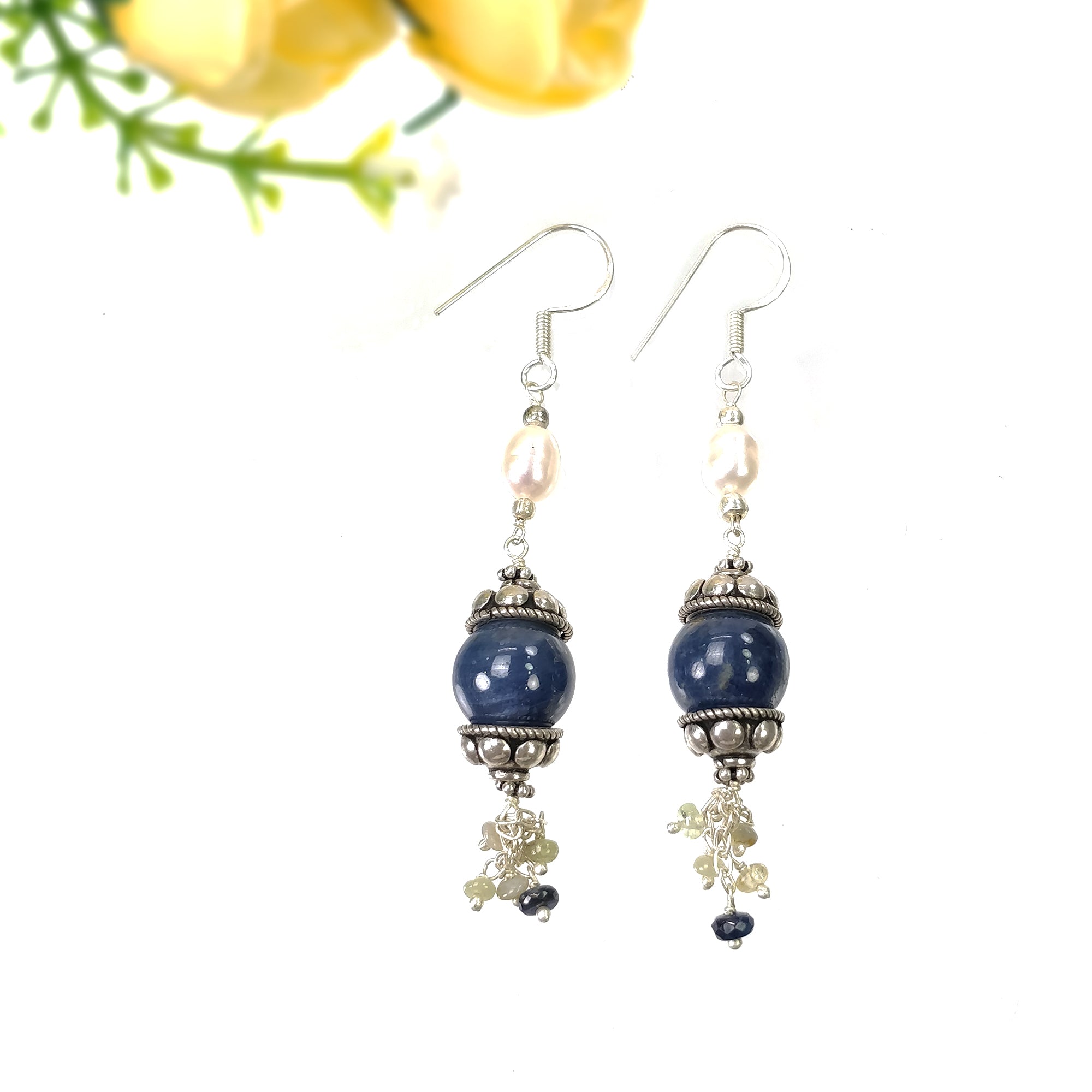 925 Sterling Silver Blue Sapphire Gemstone Beaded Earrings with Natural Pearl Drop - 13.28g Dangle Hook Earrings for Women | Perfect for Weddings, Parties & Special Occasions