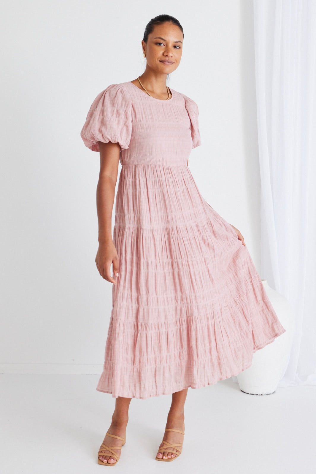 Elegant Blush Pink Shirred Cotton Bubble Sleeve Tiered Maxi Dress for Women - Perfect for Beach Vacations, Summer Weddings & Boho Chic Outfits