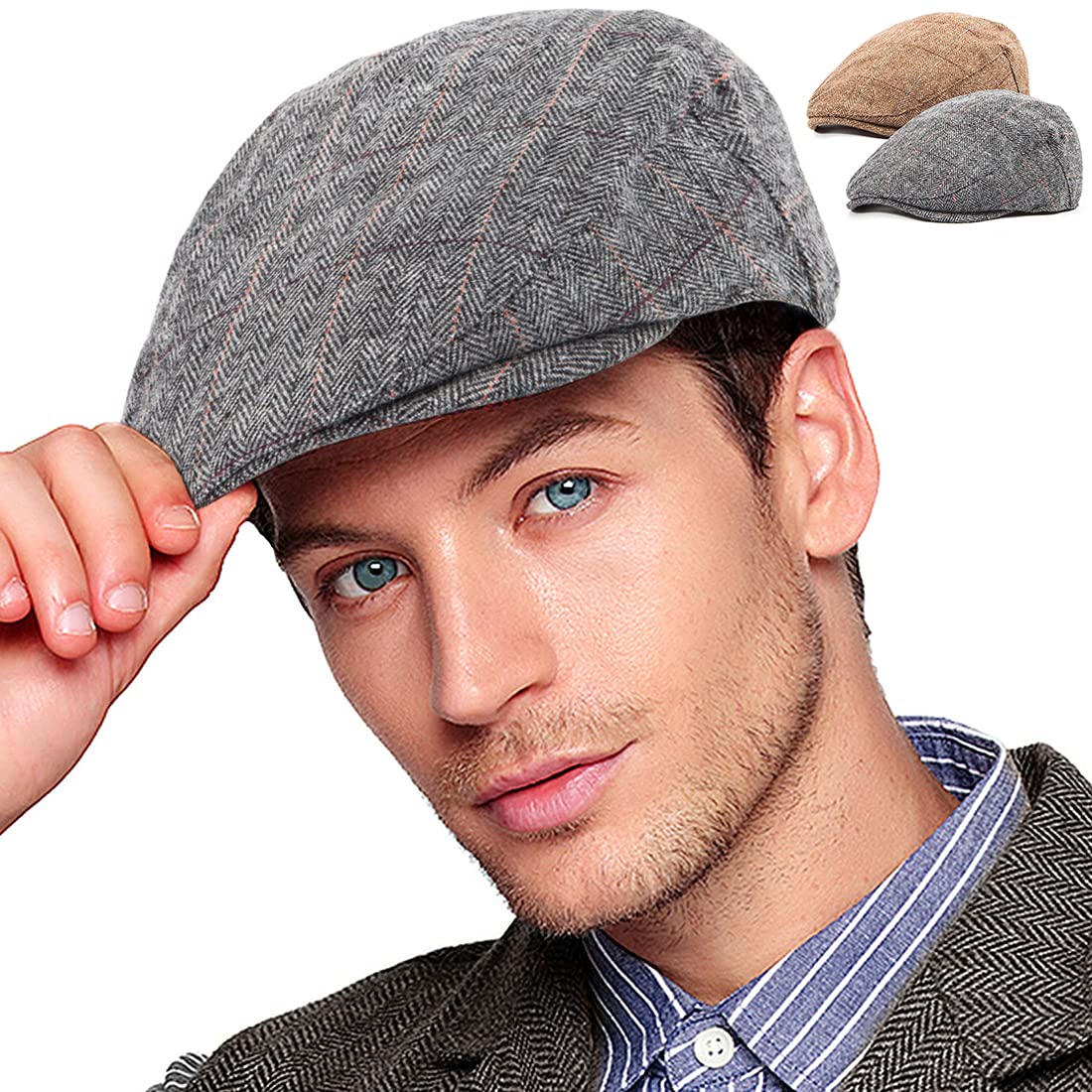 2 Pack Adjustable Newsboy Hats for Men - Wool Blend Tweed Flat Caps | Vintage Irish Cabbie Style | Perfect for Casual Outfits, Outdoor Activities & Costume Parties