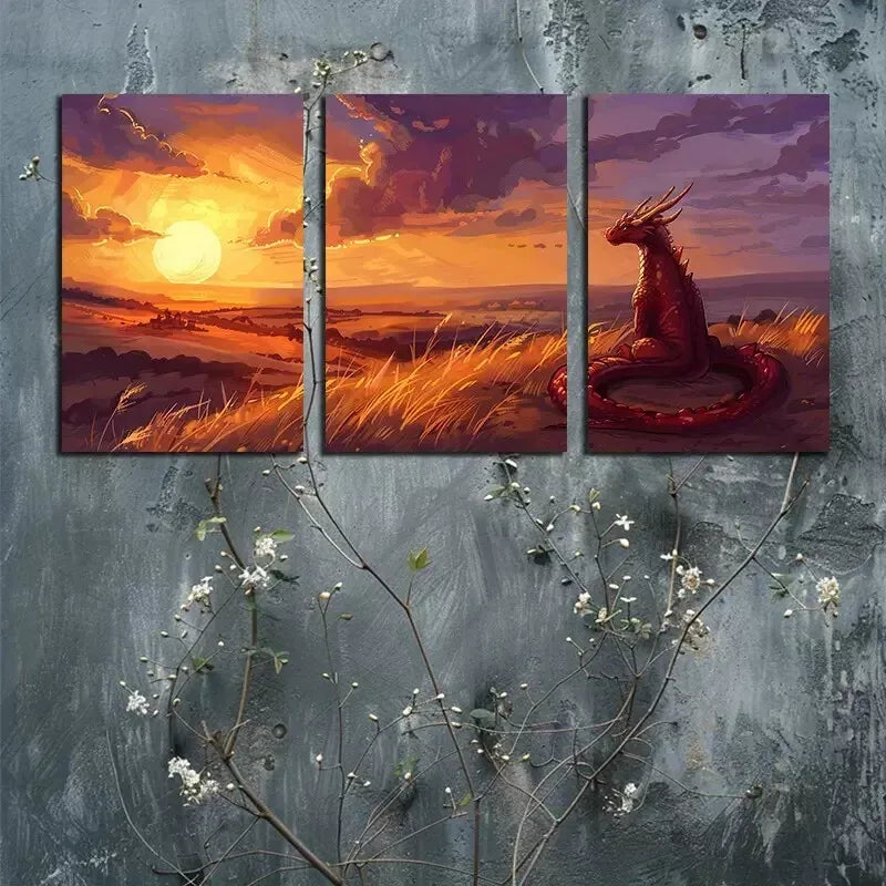 3-Piece Young Dragon Watching Sunset Wall Art Set - Framed Canvas 50x70cm | High Quality Print | 100% Australian Made | Ready to Hang | Perfect for Living Room, Bedroom & Office Decor