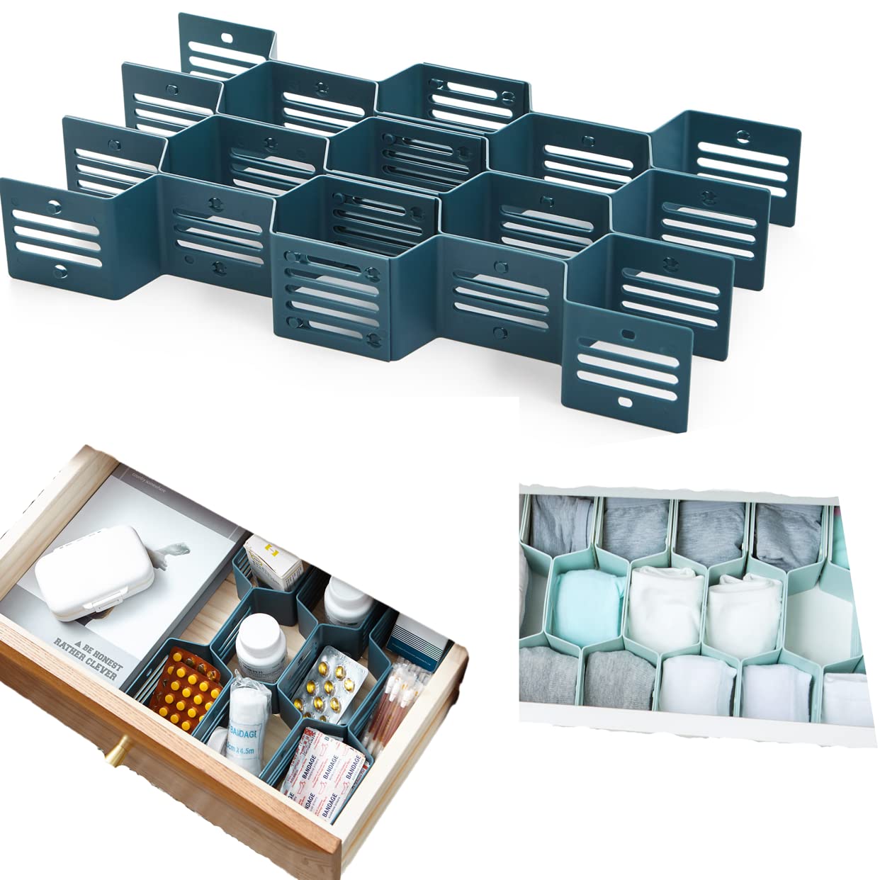 Honeycomb Drawer Organizer Set - Adjustable Plastic Partition Dividers for Cabinet & Closet Storage | Perfect for Underwear, Socks, Ties & Makeup Organization | Space-Saving Dark Blue Tidy Inserts for Bedroom, Bathroom & Office