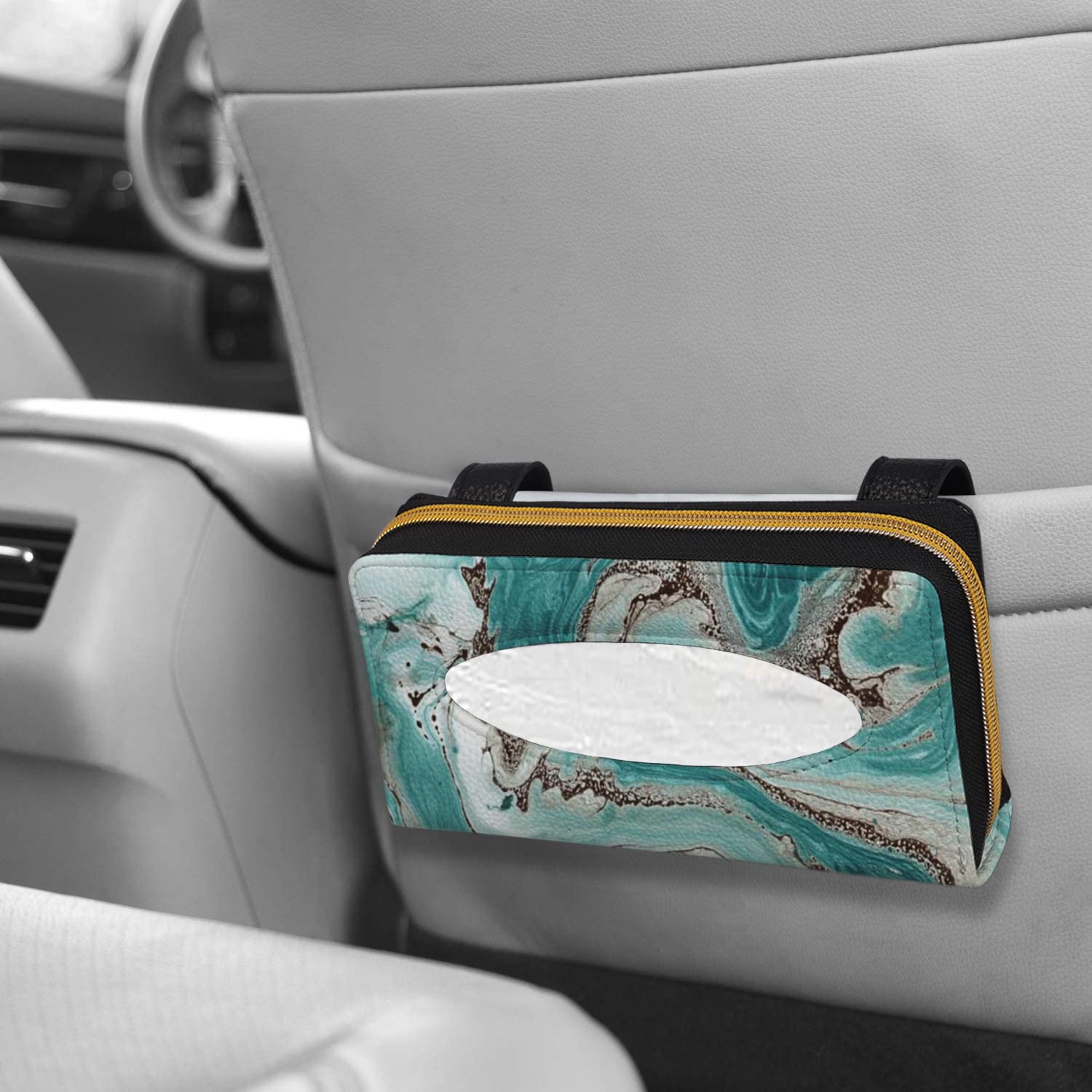 Premium PU Leather Car Tissue Holder - Teal Marble Print Visor Napkin Case for Backseat, Hanging Paper Towel & Facial Tissues Box Organizer | Perfect for Road Trips, Family Travel & Daily Commute