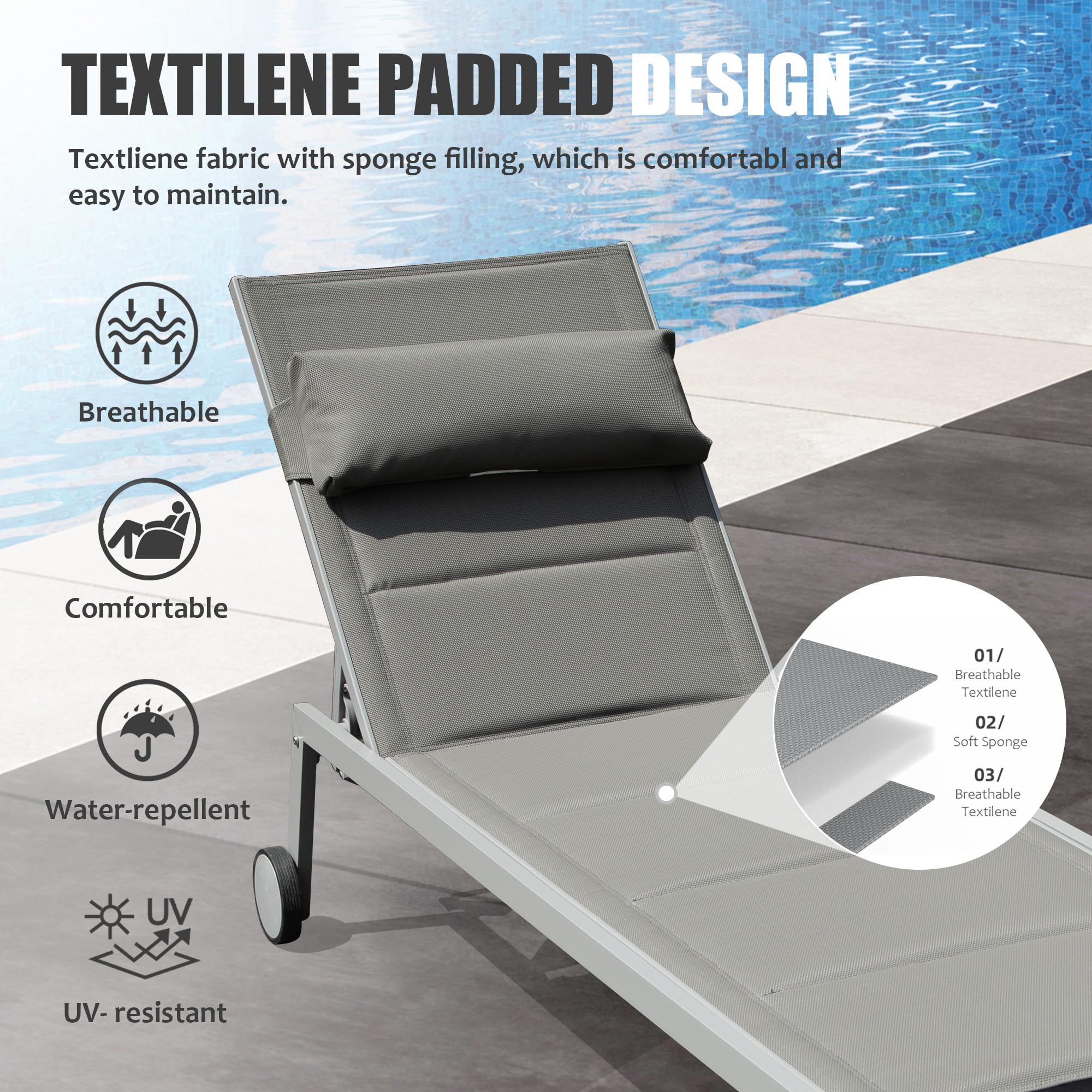 Domi 3-Piece Outdoor Chaise Lounge Set - Aluminum Pool Chairs with Wheels & Side Table for Poolside, Beach, Yard
