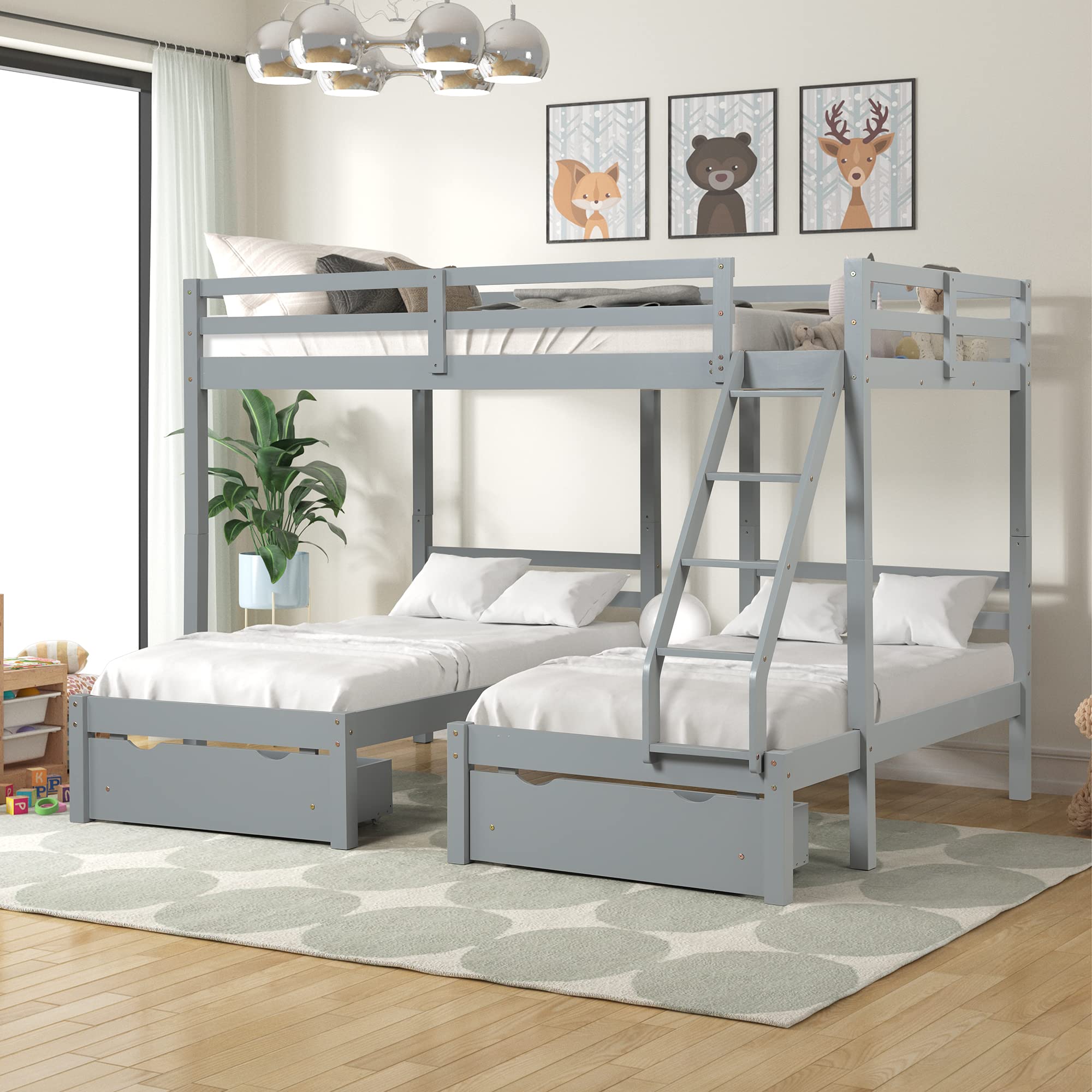Triple Bunk Bed Full Over 2 Twin with 3 Drawers & Guardrails - Space Saving Bunk Bed for Kids, Teens & Adults - No Box Spring Needed - Perfect for Small Bedrooms, Vacation Homes & Dorm Rooms