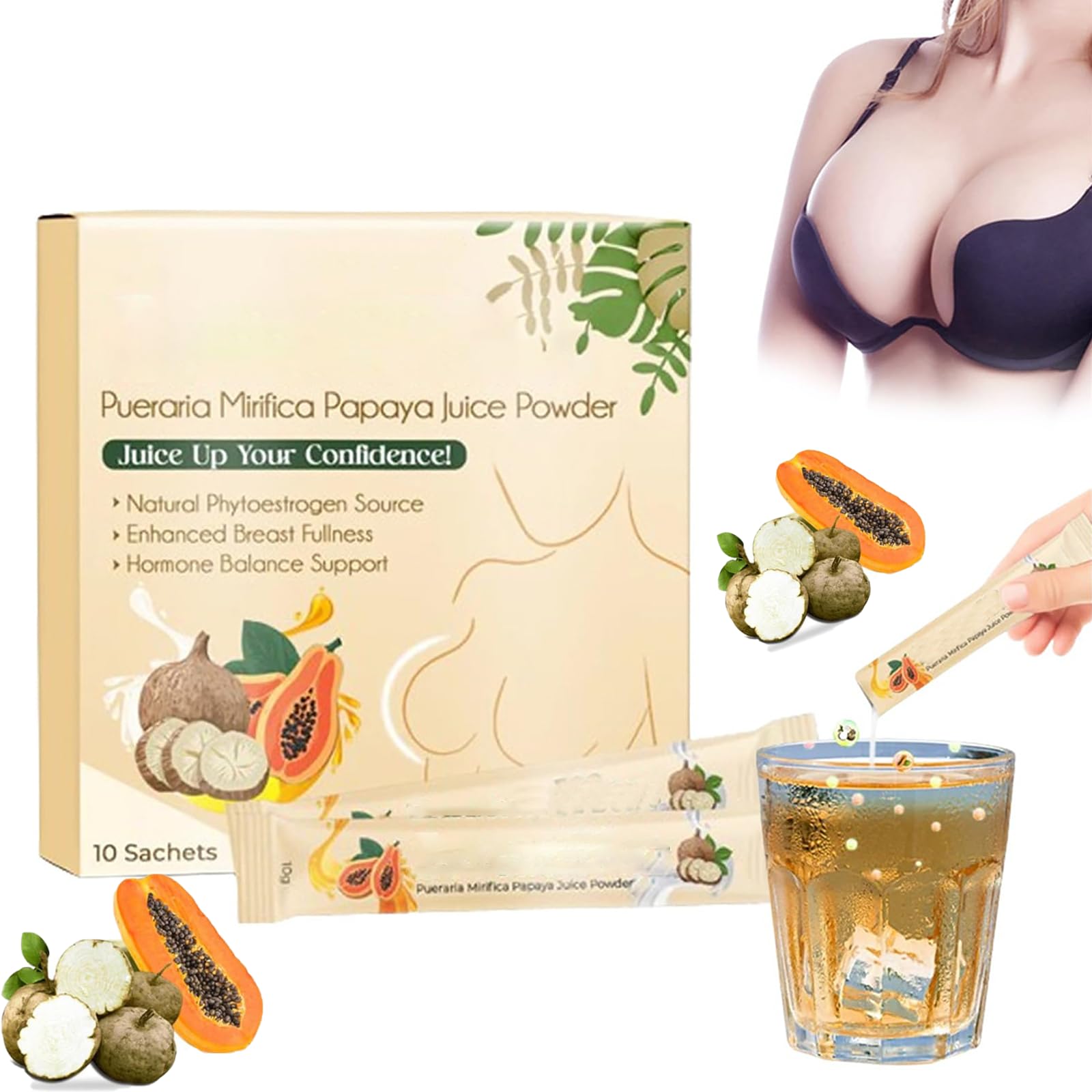 BosomMax Pueraria Mirifica & Papaya Juice Powder - Natural Breast Enhancement Supplement (2 Boxes) | Herbal Enlargement for Women, Postpartum & Menopause Support