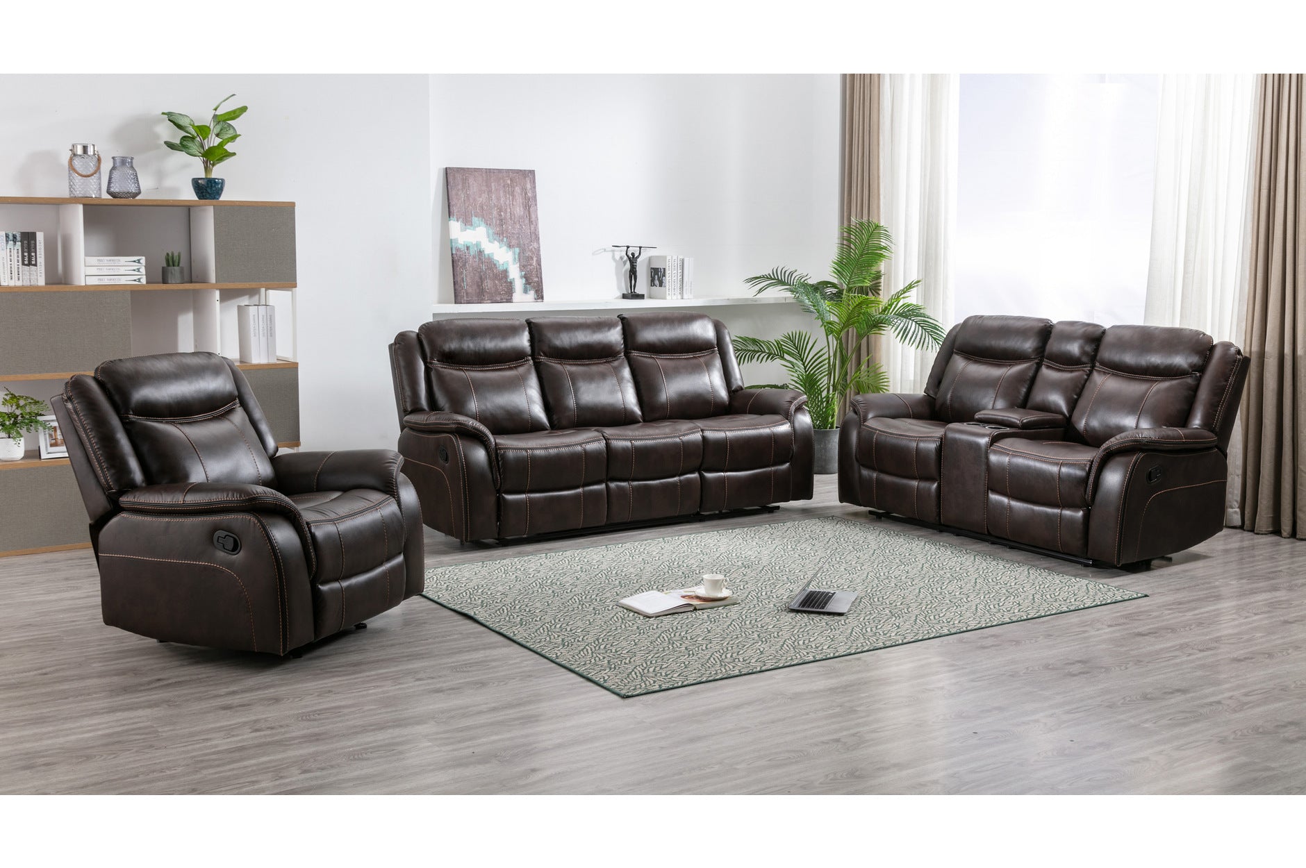 Brown Paxton Reclining Living Room Set - 3-Piece Comfortable Leather Sofa & Loveseat with Cup Holders | Perfect for Family Movie Nights & Entertaining Guests