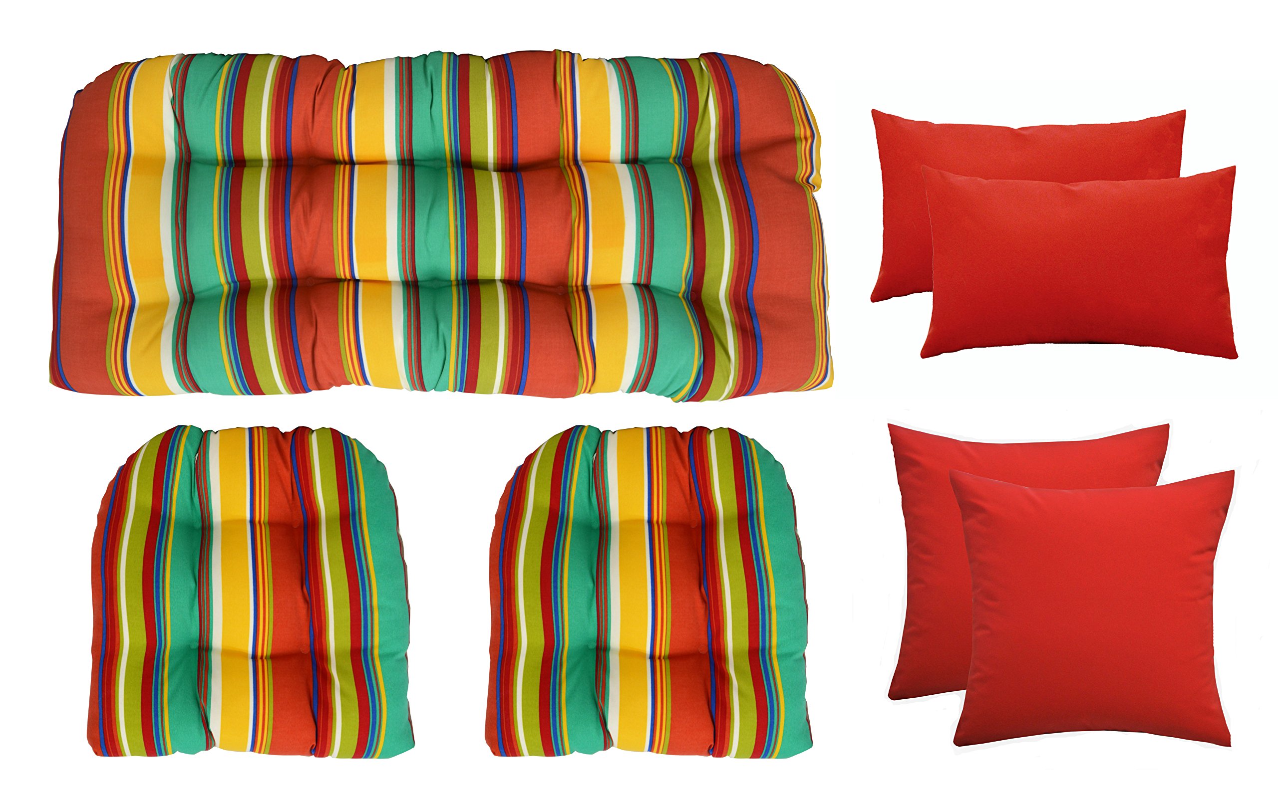 RSH DECOR Indoor/Outdoor Wicker Furniture Set with Colorful Striped Cushions - 3-Piece Rattan Chair & 4 Bright Solid Pillows (Choose Colors) - Perfect for Patio, Garden, Poolside & Sunroom Decor