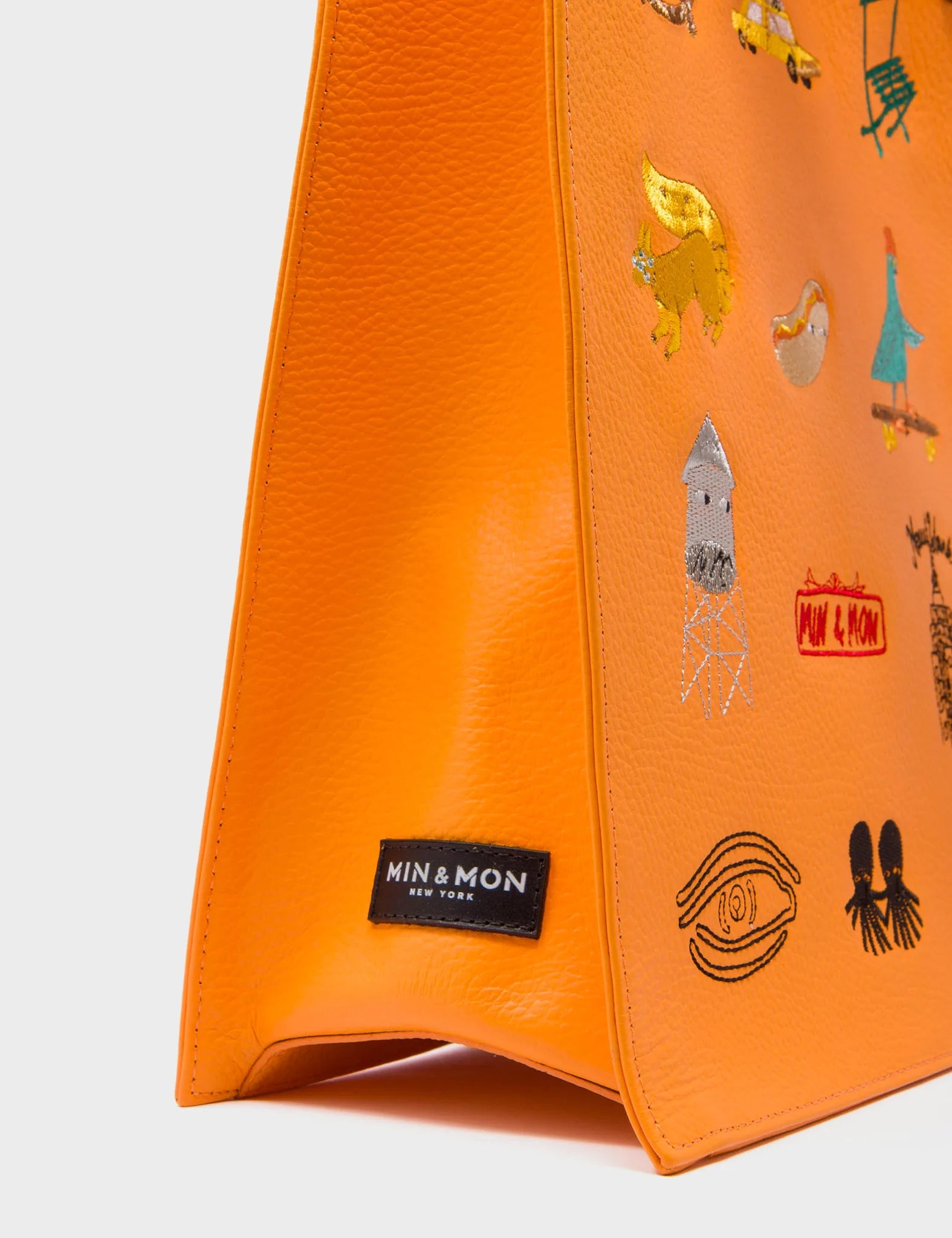 Marko Blazing Orange Leather Tote Bag with Eye Love New York Embroidery - Stylish Women's Handbag for Work, Travel & Everyday Use