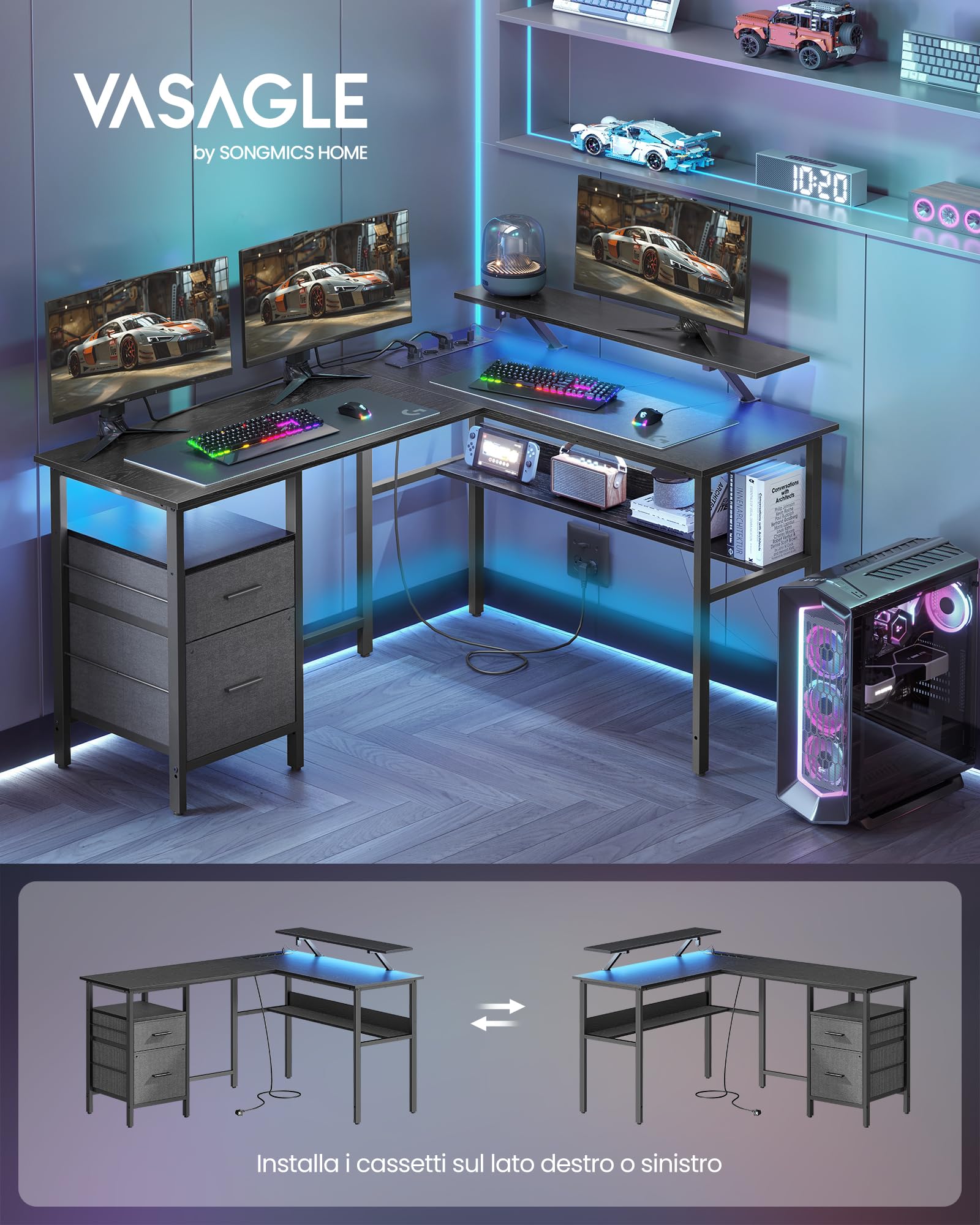 VASAGLE L-Shaped Gaming Desk with Power Outlets, USB Ports & LED Lights - Corner Computer Desk with Monitor Stand, 2 Drawers - Black Ebano LWD095B01 - Perfect for Home Office, Gaming Setup & Small Spaces