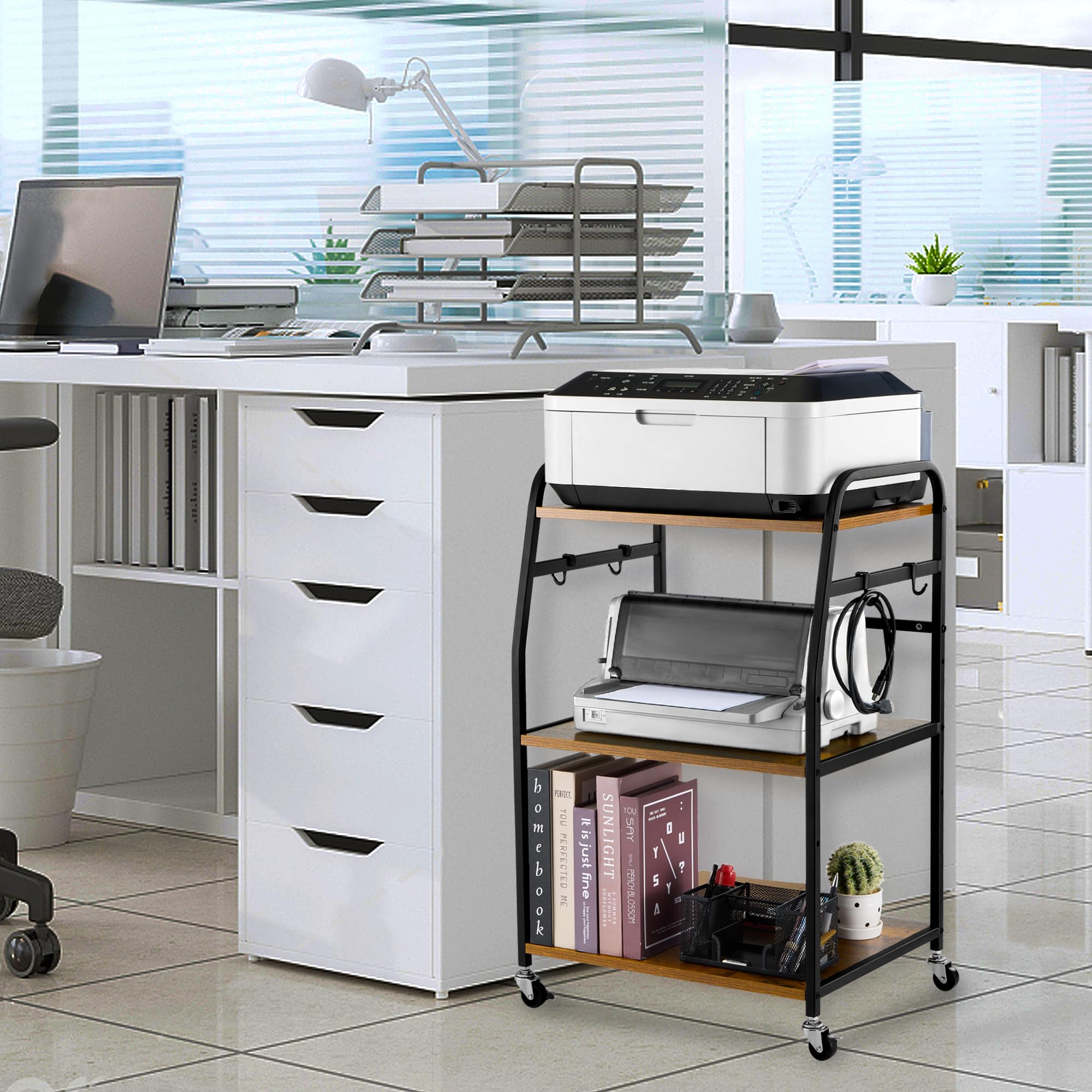 3-Tier Adjustable Printer Stand with Storage Shelf & Wheels - Sturdy Rolling Cart for Home Office - Rustic Brown - Perfect for Organizing Printers, Scanners & Office Supplies