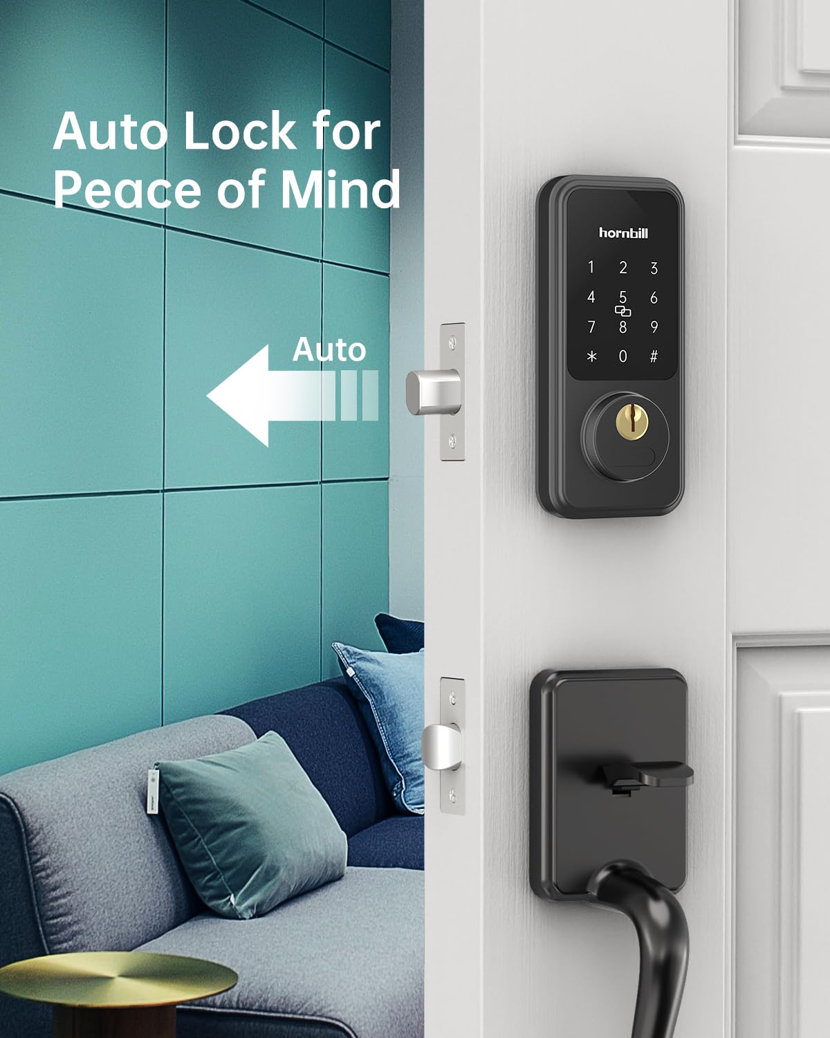 Hornbill Smart Keyless Entry Door Lock with Handle - Electronic Keypad Deadbolt, Bluetooth APP, Keyfob & Auto Lock - Matte Black - Alexa Compatible Front Door Handle Set for Home Security & Smart Home Automation