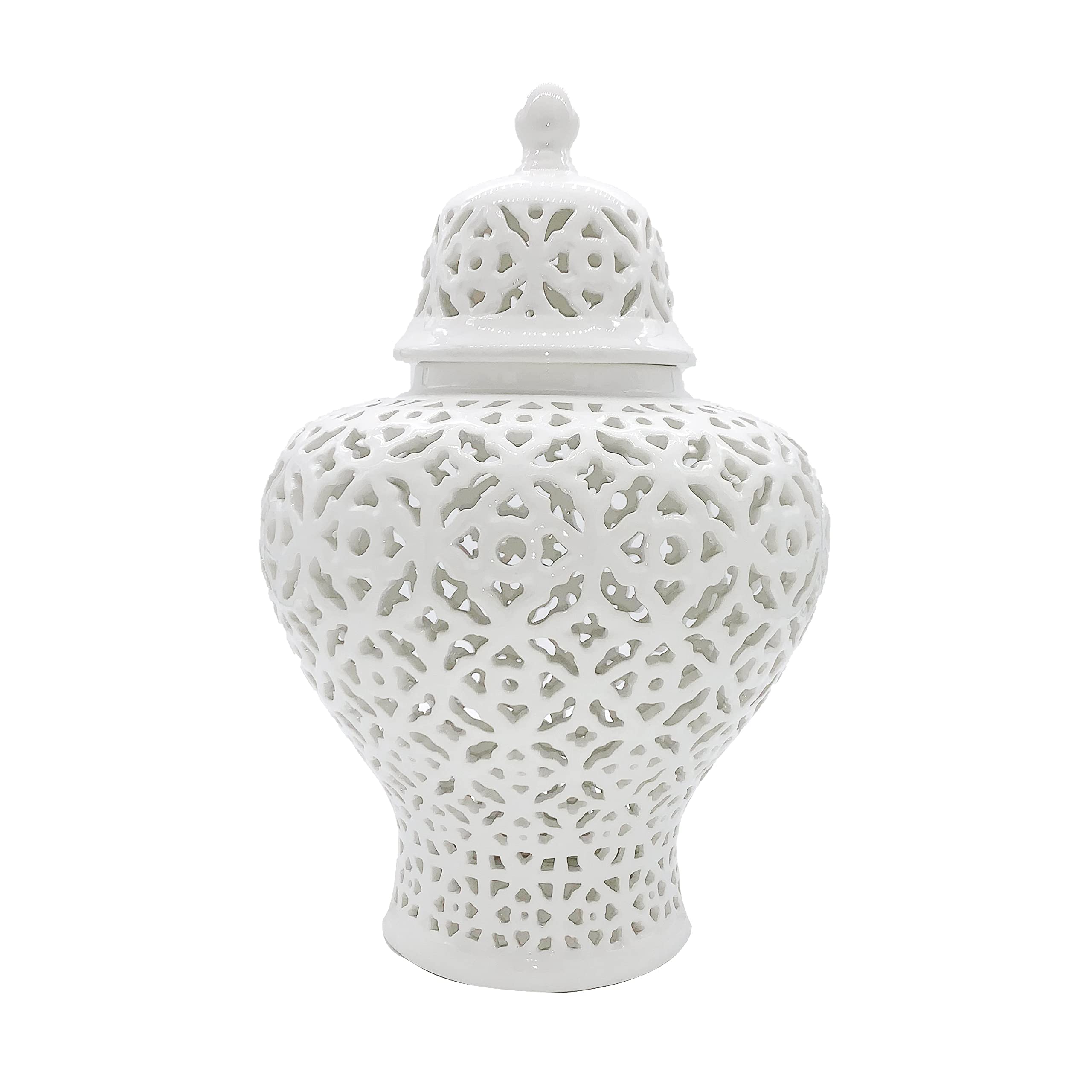 Galt International 19.5” White Lattice Ginger Jar with Lid - Mediterranean Inspired Decorative Vase - Handcrafted Home Decor for Living Room, Kitchen, Dining Table & Entryway - Perfect for Floral Arrangements & Stylish Interior Design