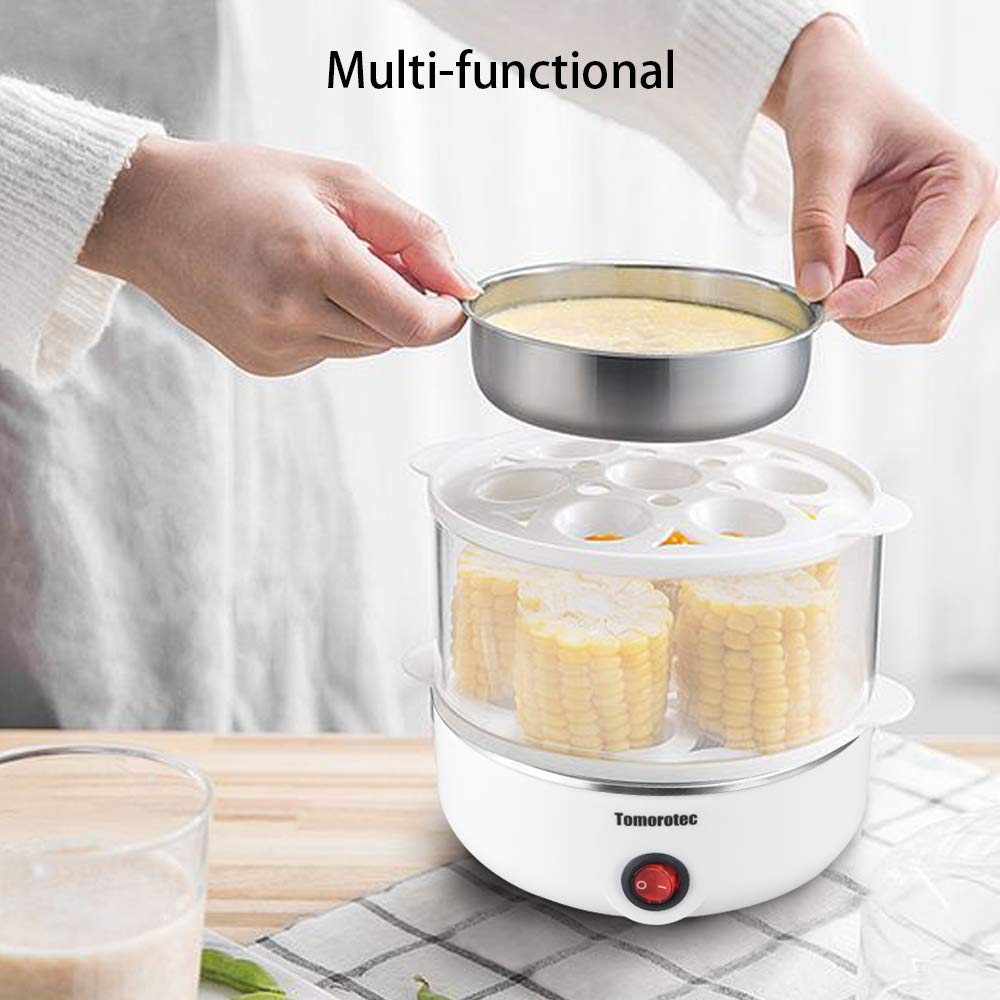 Tomorotec 2-Tier Electric Egg Cooker - Large 14 Eggs Capacity, Rapid Egg Maker for Hard Boiled, Poached Eggs, Steamed Vegetables, Seafood & Dumplings | Auto Shut-Off | Perfect for Breakfast Meal Prep & Healthy Cooking
