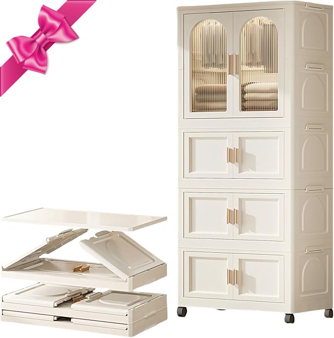 Foldable Closet Organizer with Magnetic Door - 1 Layer Wardrobe + 3 Folding Storage Boxes + 10 Hangers - Space Saving Home & Clothes Storage Solution for Bedroom, Dorm, Apartment