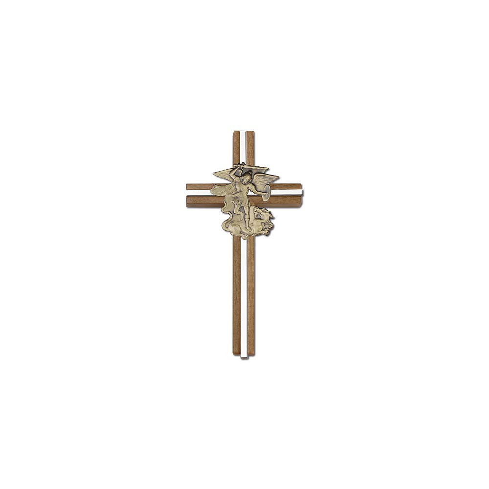 St. Michael Cross Pendant Necklace - 6 Inch Walnut Wood with Antique Inlay | DiamondJewelryNY | Religious Jewelry for Protection & Faith | Perfect for Gifts, Baptism & Spiritual Occasions