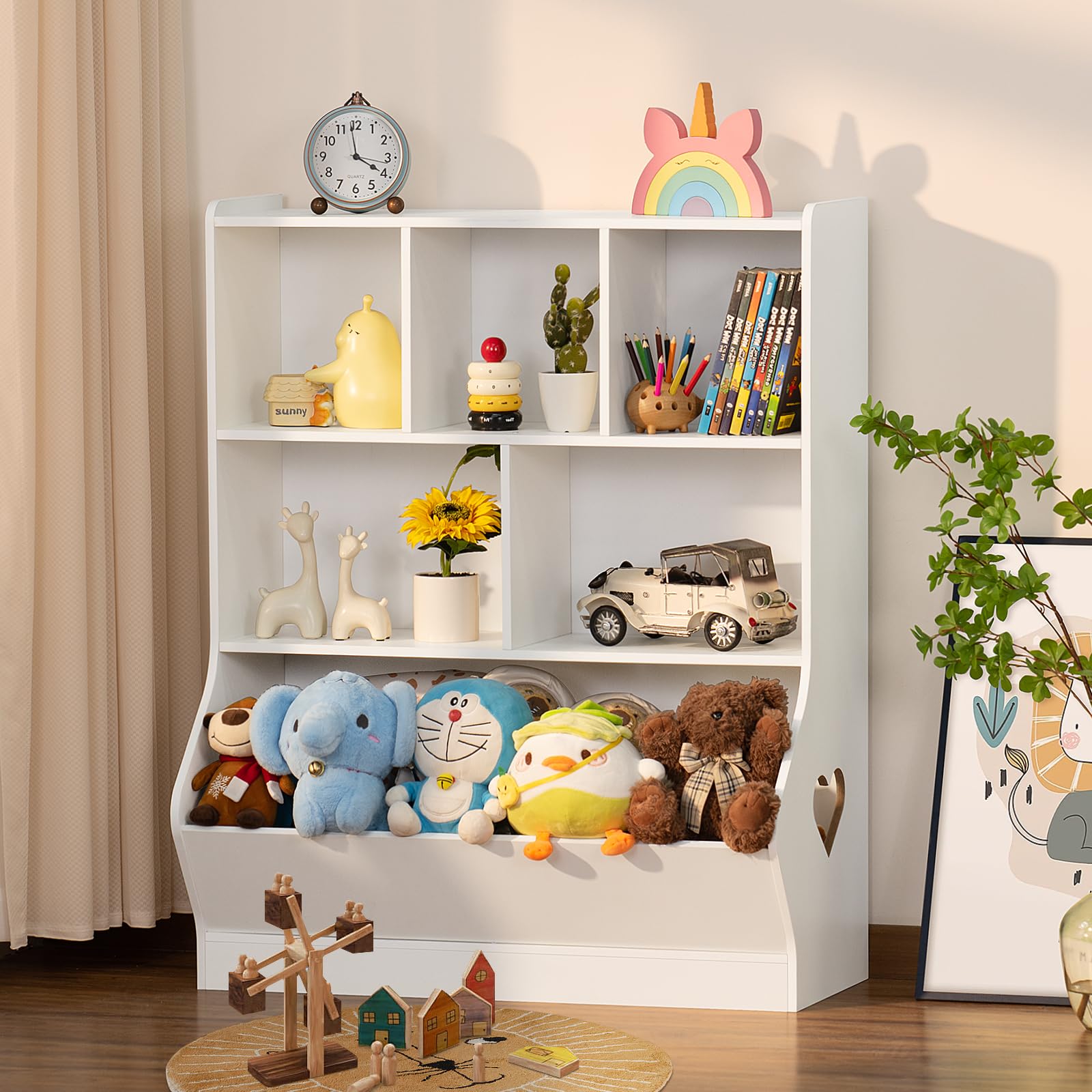Lerliuo 3-Tier Kids Toy Storage Organizer & Bookshelf - 7-Cubby Toy Cabinet for Playroom, Bedroom, Nursery - White Children's Bookcase (29.53