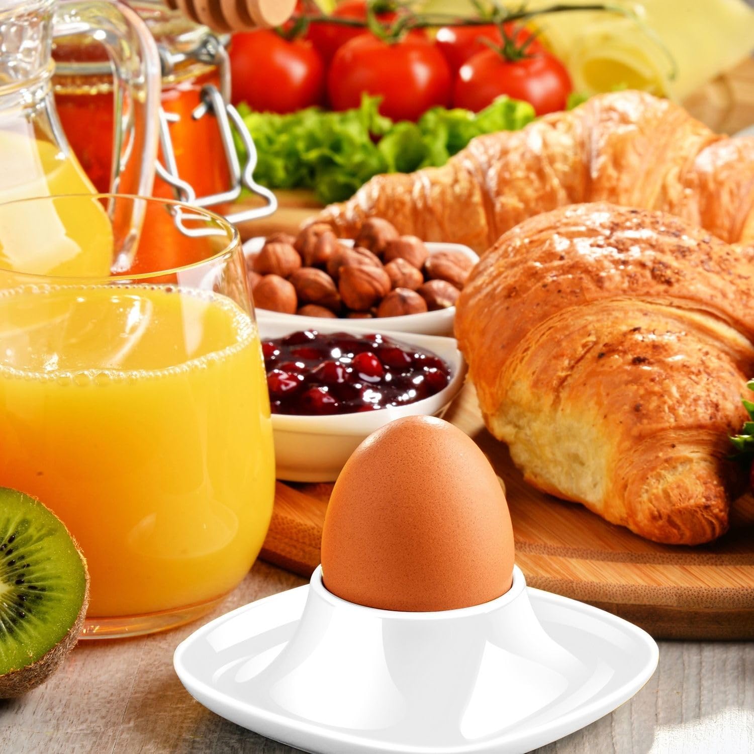 Flexzion Soft Boiled Egg Holder Set - 6 Pack Ceramic Egg Cups for Soft Boiled Eggs - Stackable British Style Egg Coddlers with Base - Perfect for Breakfast, Brunch & Elegant Dining Table Setting