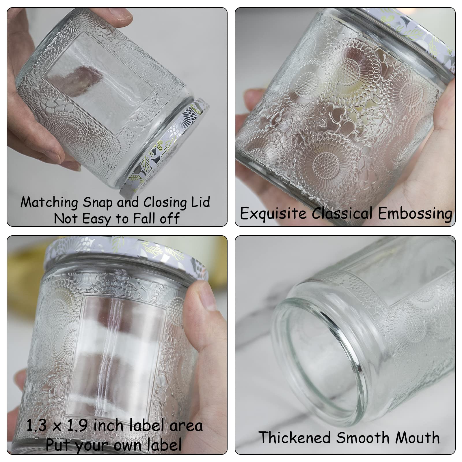 8.8oz (9 Pack) Clear Embossed Glass Candle Jars with Tin Lids - DIY Candle Making Supplies Includes Sticker Labels & Warning Stickers - Perfect for Home Decor, Wedding Favors, and Craft Projects