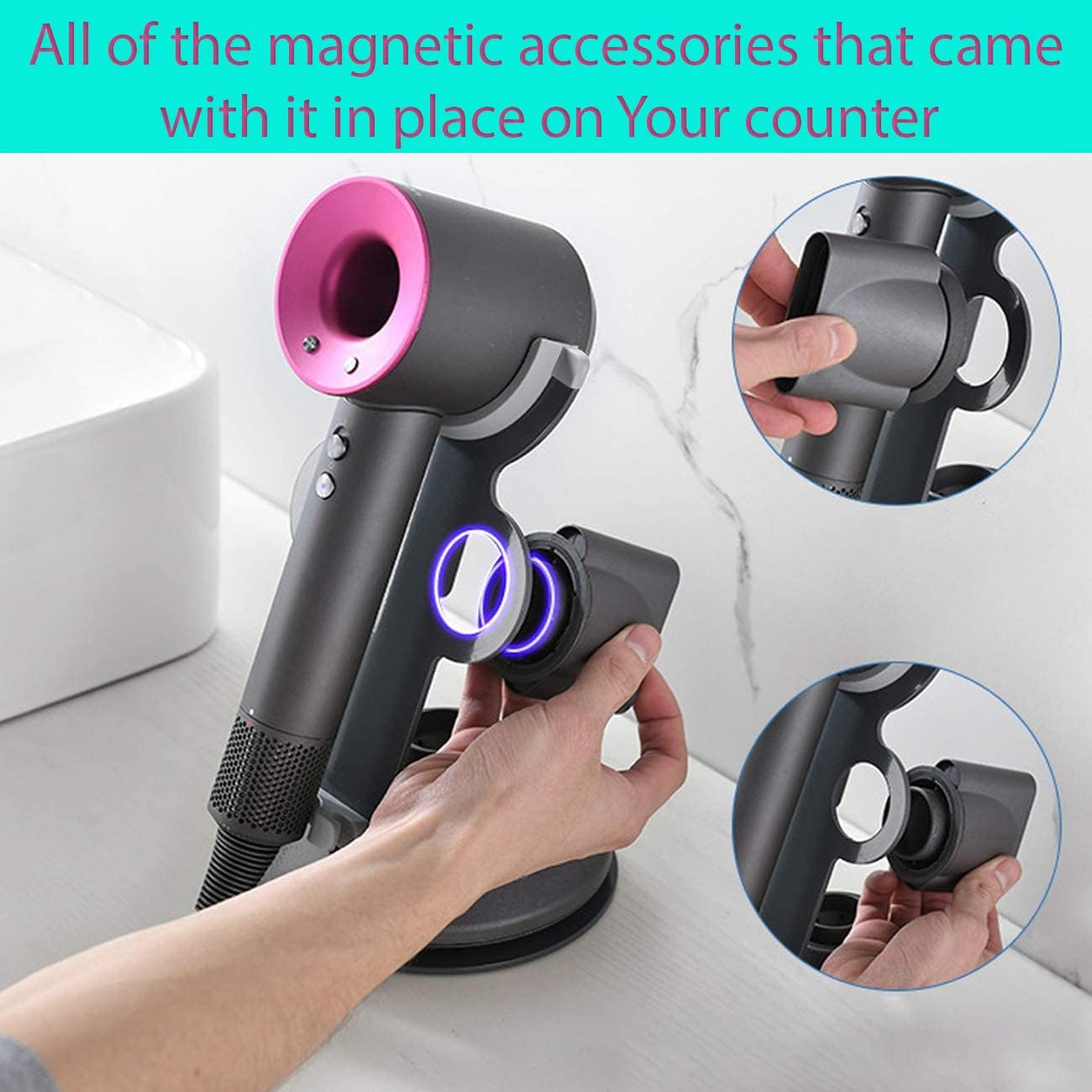 Dyson Hair Dryer Stand Organizer with Diffuser & Nozzle Holder - Wall Mountable Hair Dryer Holder for Salon & Home Use - Perfect for Bathroom Vanity, Dressing Room & Hair Styling Station