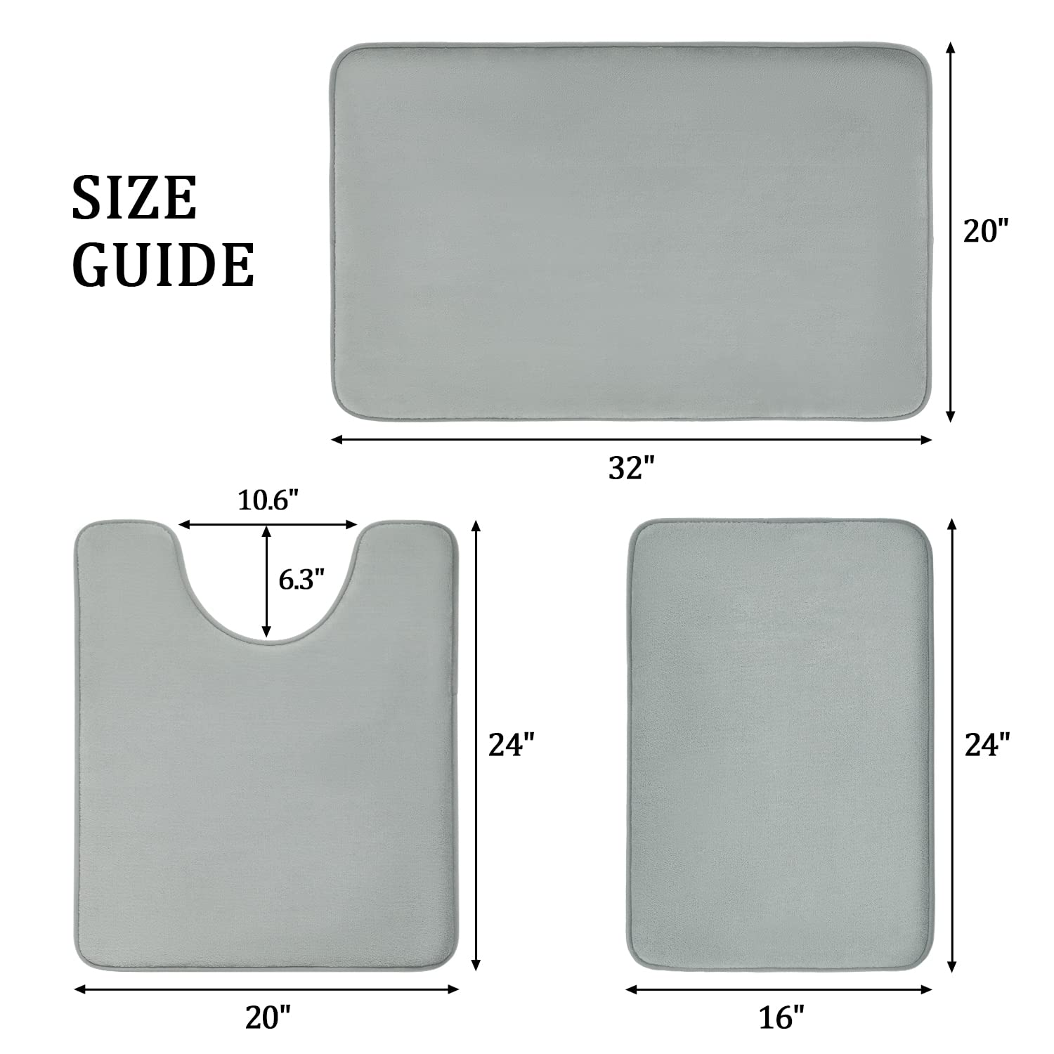 YIHOUSE 3-Piece Memory Foam Bath Mat Set - Non-Slip, Absorbent for Shower & Bathroom - Light Grey